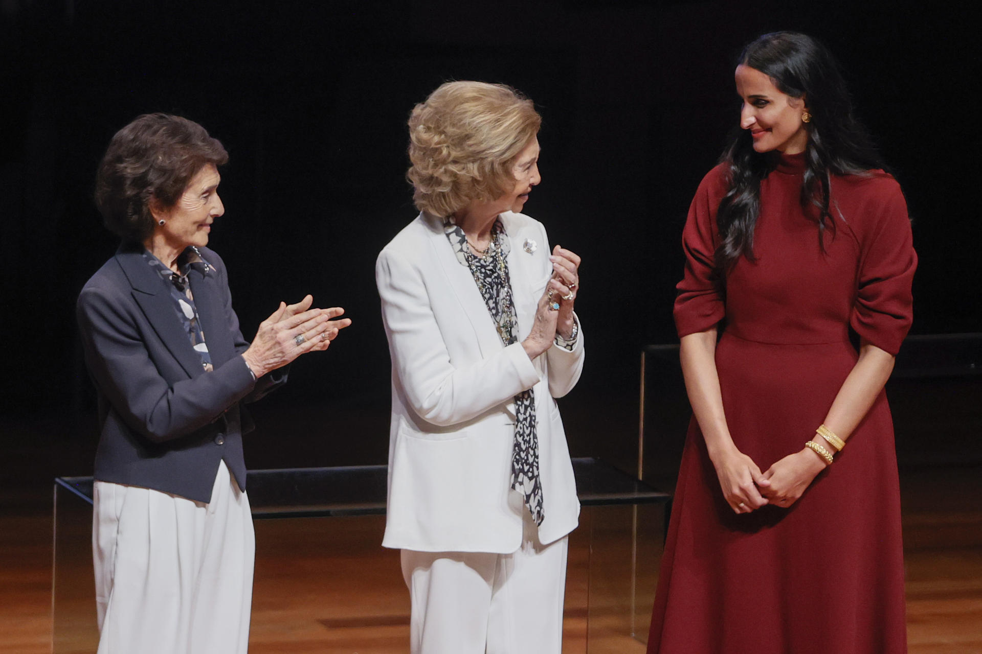 Spain's Queen Sofía (C), vice president and CEO of the Qatar Foundation, Sheikha Hind bint Hamad Al Thani (R) and Paloma O’Shea, Founding President of the Reina Sofía School of Music (L), during the closing ceremony and concert of the 2022-2023 academic year of the Reina Sofía School of Music at the Museo Nacional Centro de Arte Reina Sofía in Madrid, Spain, 20 June 2023. EFE/
