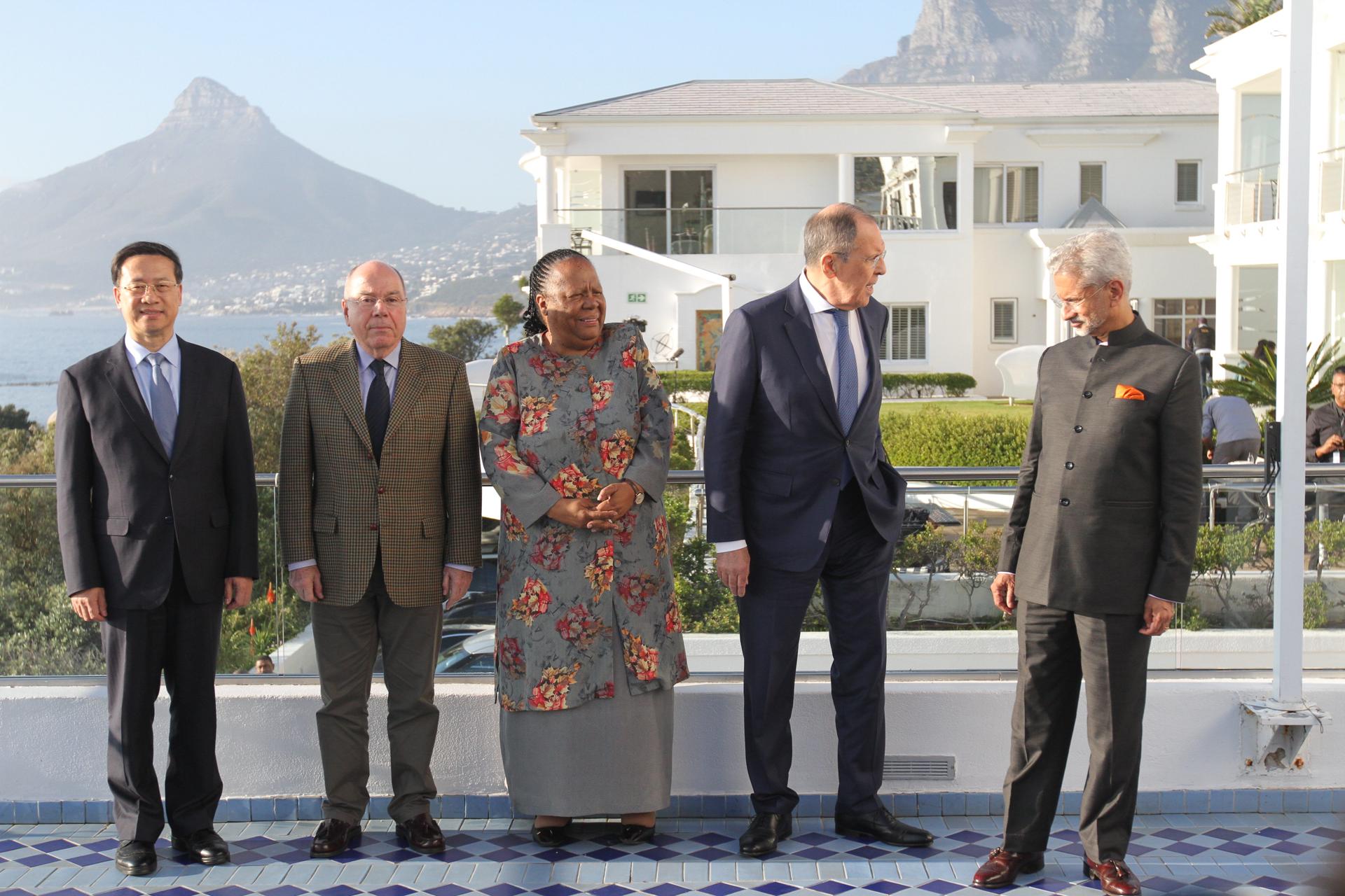 From left to right: Chinese Deputy Foreign Minister Ma Zhaoxu, Brazilian Foreign Minister Mauro Vieira, South African Minister of International Relations and Cooperation Naledi Pandor, Russian Foreign Minister Sergey Lavrov, and Indian Minister of External Affairs S Jaishankar pose for a photo during the BRICS ministerial meeting in Cape Town, South Africa, on 1 June 2023. EFE/EPA/HALDEN KROG