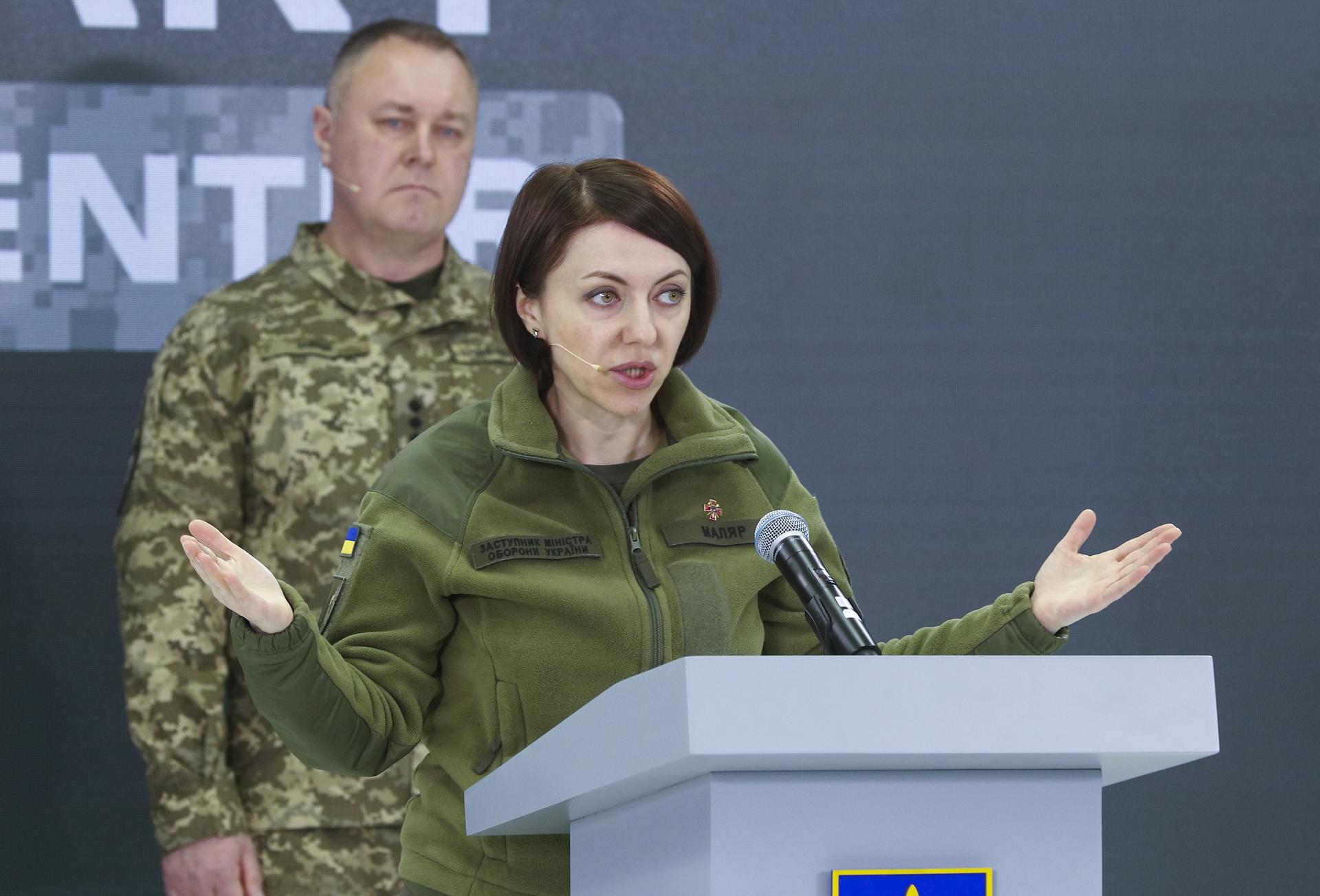 Hanna Maliar, Deputy Minister of Defense of Ukraine, speaks during a briefing by the representatives of the Security and Defense Forces of Ukraine at the Military Media Center in Kyiv, Ukraine, 12 January 2023. EFE-EPA/SERGEY DOLZHENKO