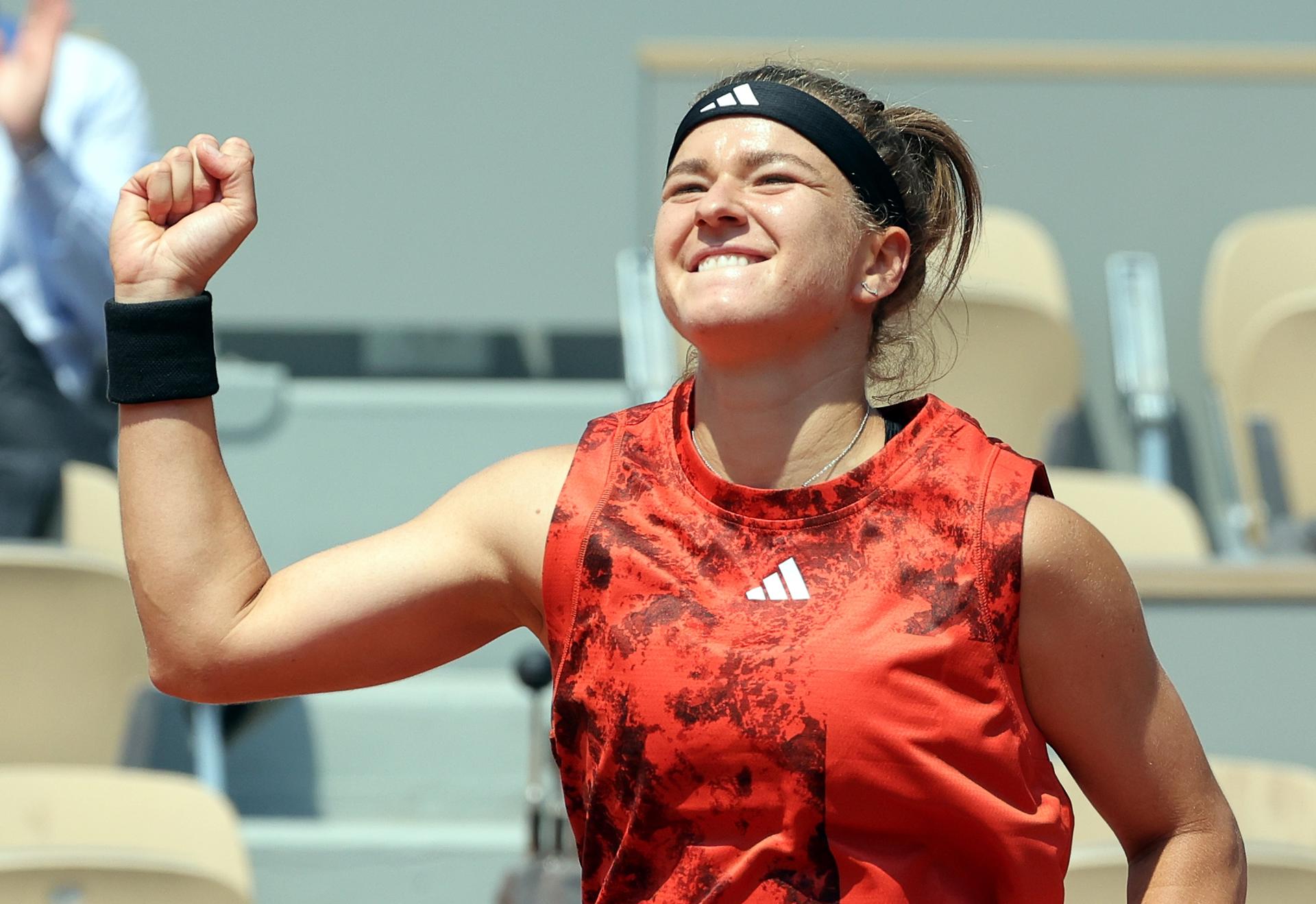 Karolina Muchova of the Czech Republic reacts after defeating Anastasia Pavlyuchenkova of Russia 7-5, 6-2 in French Open quarterfinal action on 6 June 2023 in Paris, France. EFE/EPA/TERESA SUAREZ
