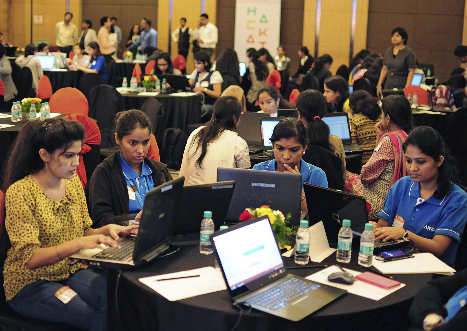 A file picture of people take part in a Hackathon as part of the Grace Hopper Celebration of Women in Computing, Bangalore, India, 19 November 2014. Over one hundred software professionals and students took part in the event themed 'Tech for Good' for ethical hackers, a day long coding event to build applications which could benenfit society. EPA/JAGADEESH NV