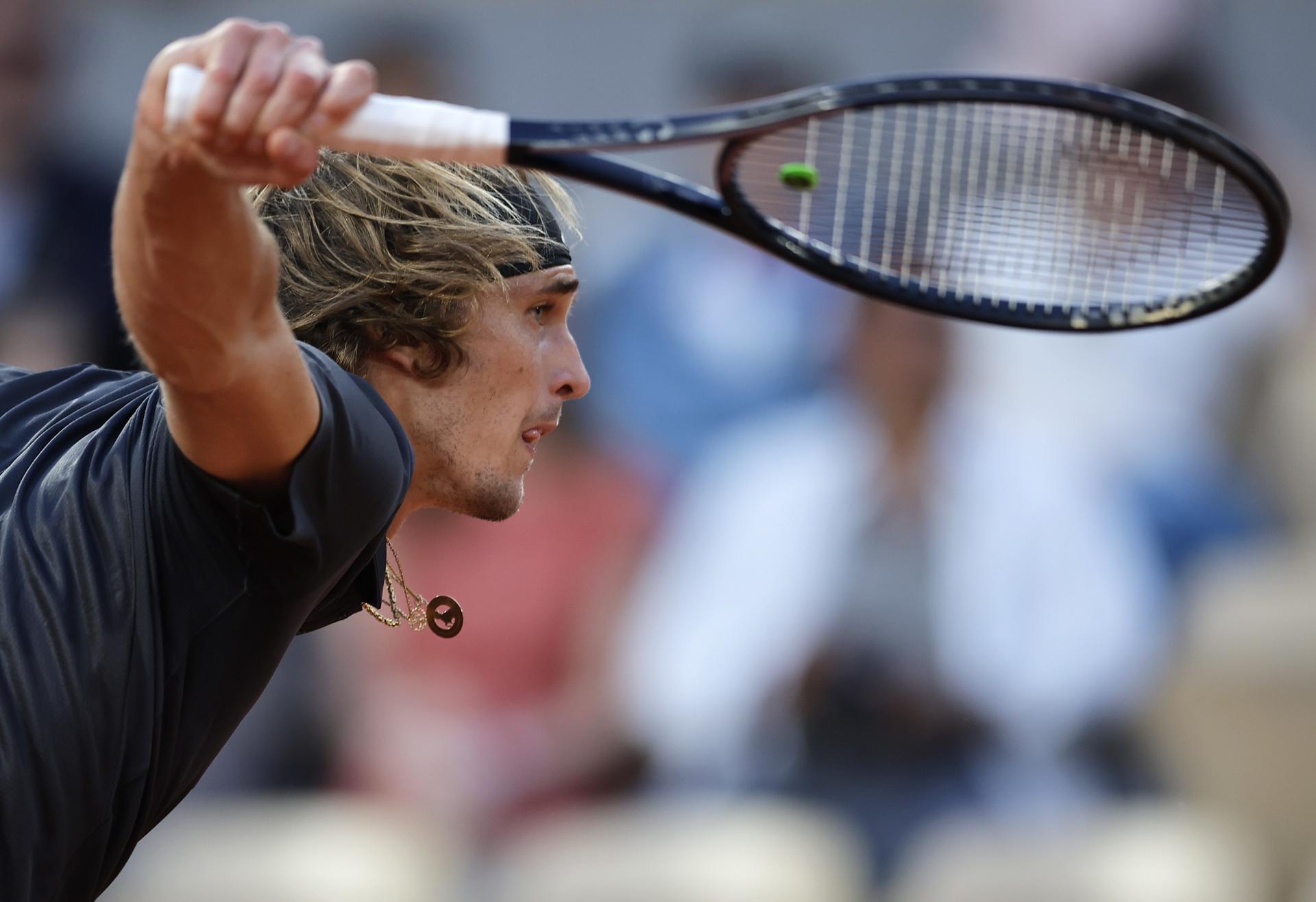 Germany's Alexander Zverev hits a backhand slice during his French Open second-round match against Slovakia's Alex Molcan on 1 June 2023 in Paris, France. Zverev won 6-4, 6-2, 6-1. EFE/EPA/CHRISTOPHE PETIT TESSON
