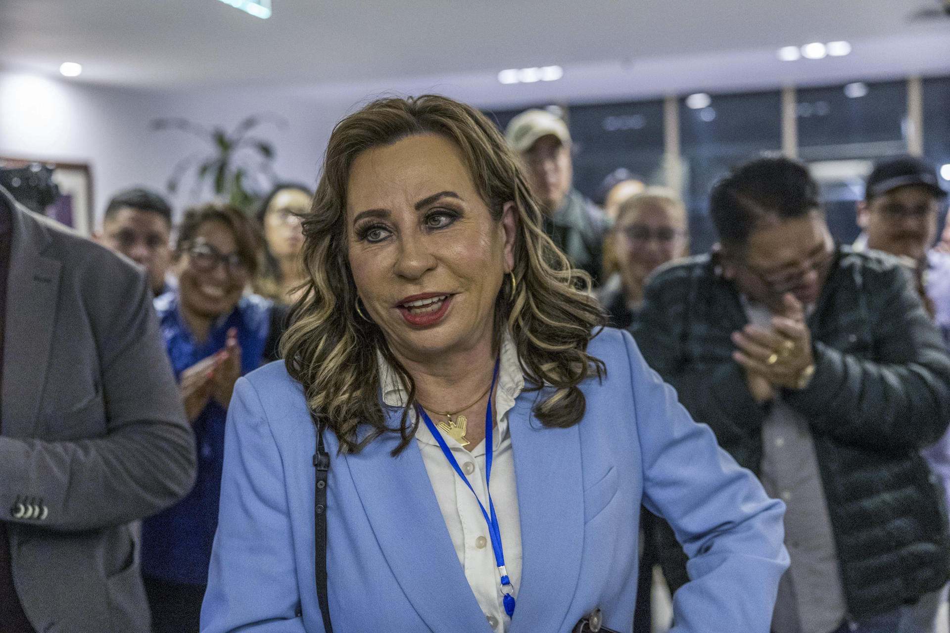 National Unity of Hope (UNE) party's presidential candidate Sandra Torres smiles during a press conference at a hotel in Guatemala, Guatemala City on Monday, 26 June 2023. EFE-EPA/Esteban Biba
