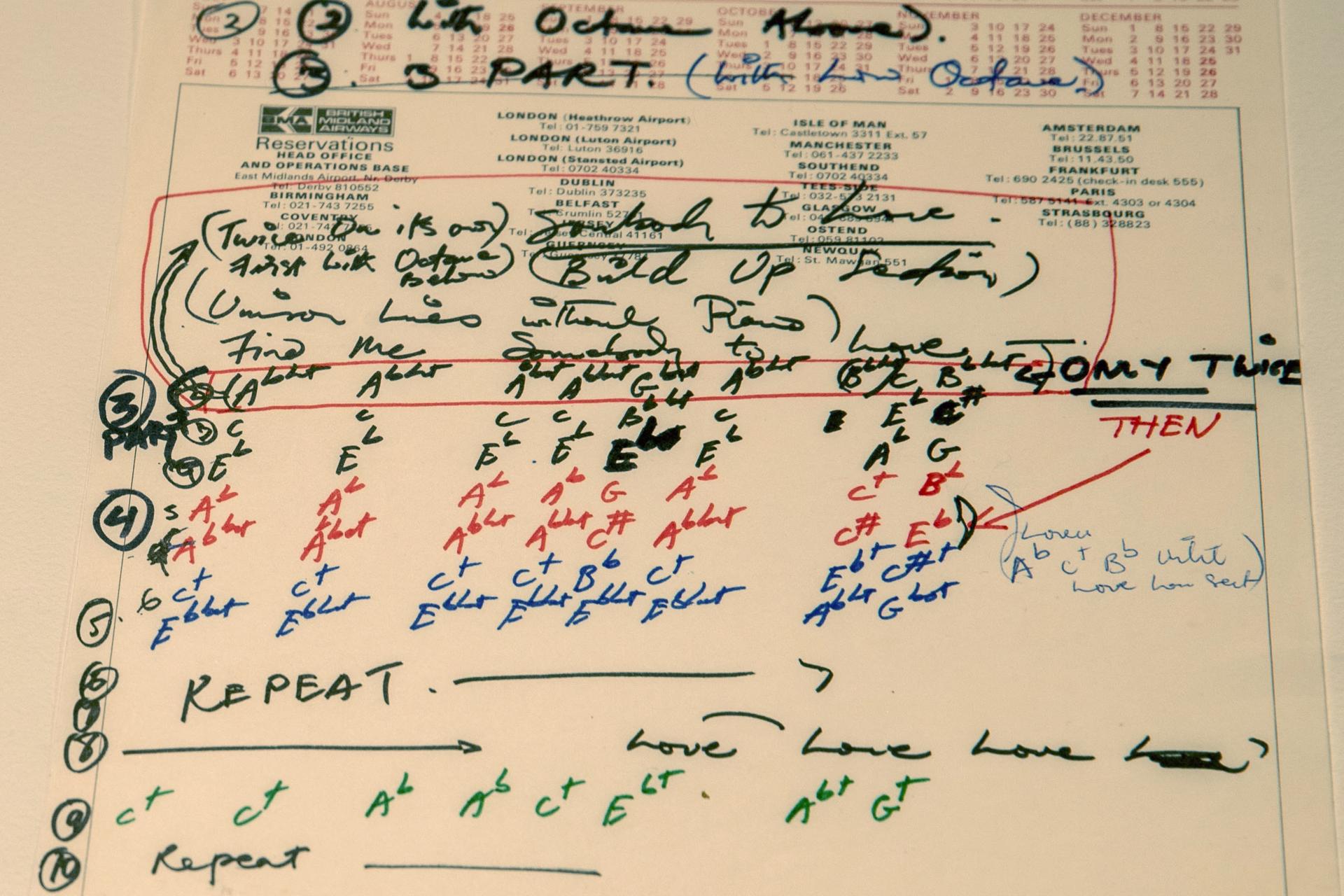 Freddie Mercury's manuscript for Queen's biggest hit, "Bohemian Rhapsody," on display at Sotheby's in New York on 1 June 2023. EFE/EPA/SARAH YENESEL