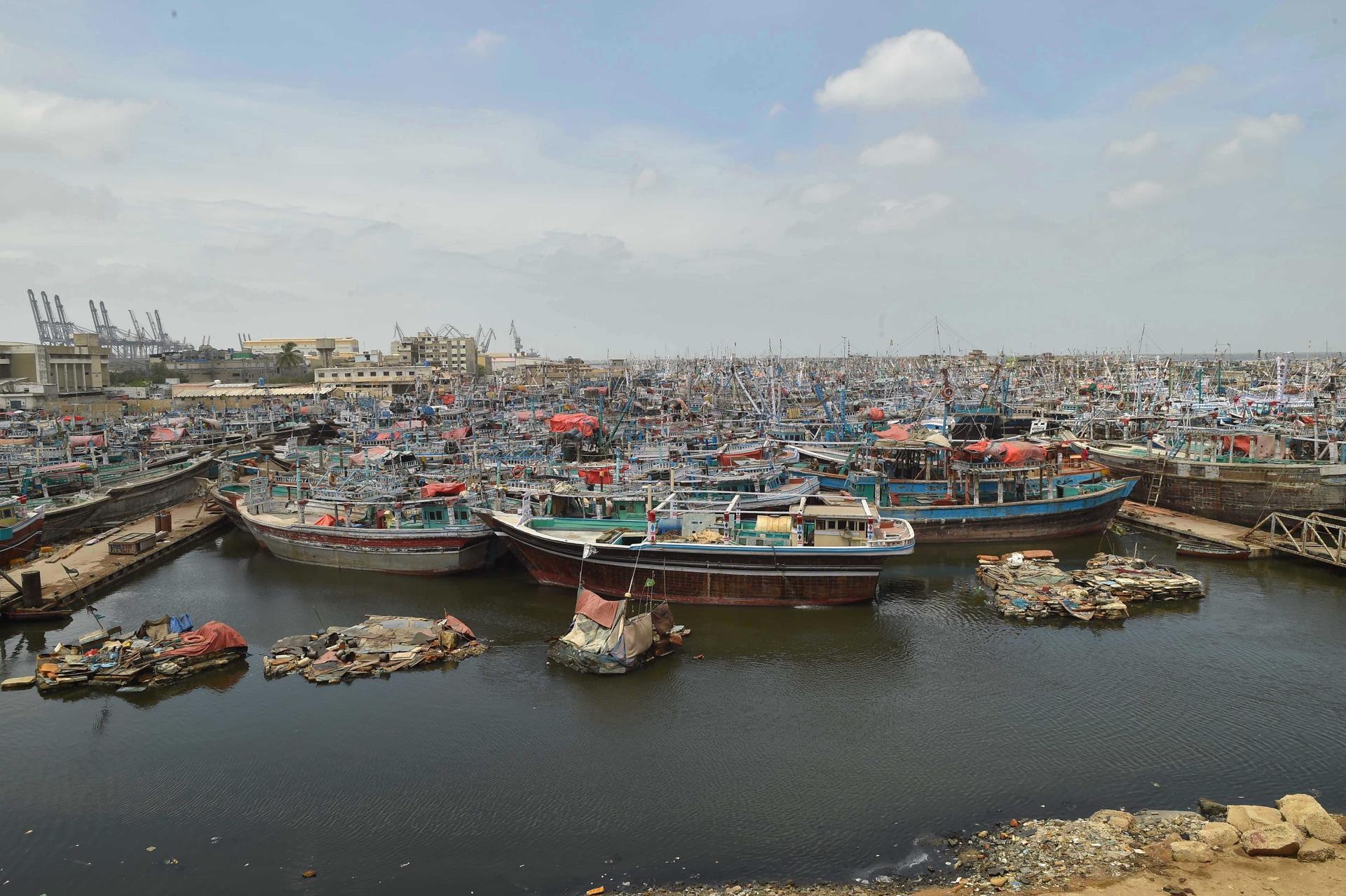 Fishing boats are anchored after authorities issued a warning for Cyclone Biparjoy, in Karachi, Pakistan, 14 June 2023. EFE/EPA/SHAHZAIB AKBER