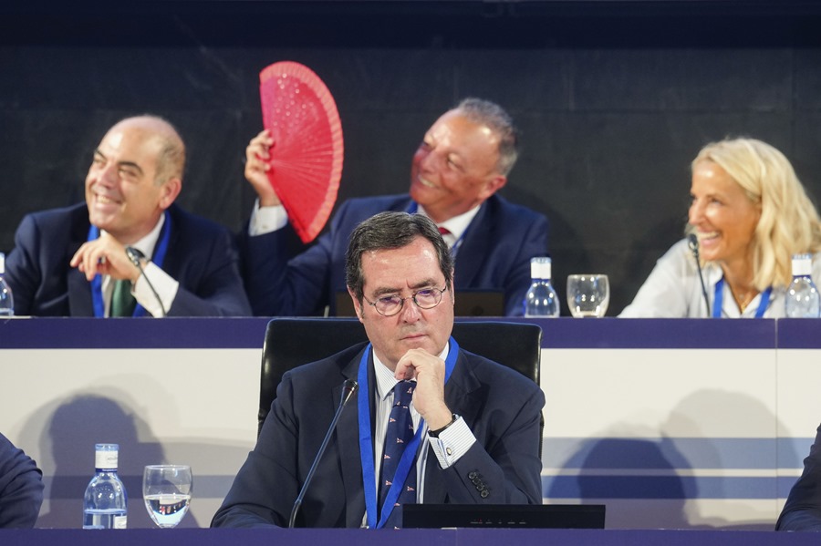 Antonio Garamendi, presidente de la CEOE, durante la Asamblea que se celebra este miércoles en la sede del Comité Olímpico Español (COE), en Madrid
