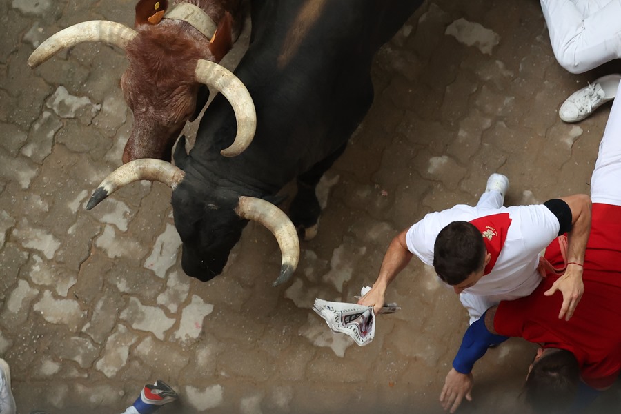 Los toros de la ganadería de Núñez del Cuvillo durante el quinto encierro de los sanfermines 2023