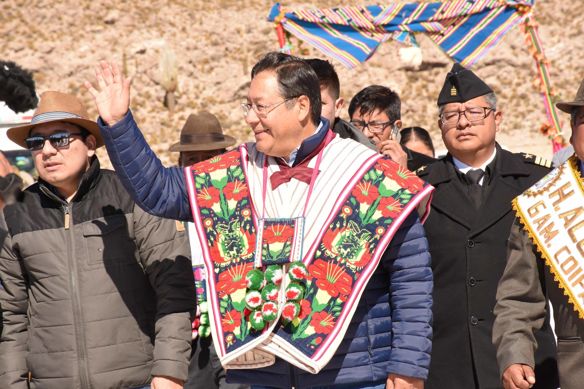 President Luis Arce takes part in an event in Coipasa, Bolivia, on 20 July 2023. EFE/Stringer