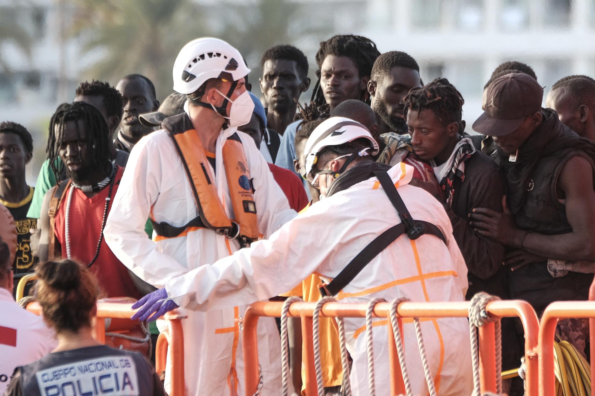 Spain's maritime safety agency on 10 July 2023 rescued 86 sub-Saharan African migrants who were traveling in a flimsy vessel in a bid to reach the Canary Islands. A search continues, meanwhile, for another migrant vessel that had set off from the Western African nation of Senegal and was carrying around 200 people. EFE/Angel Medina G.
