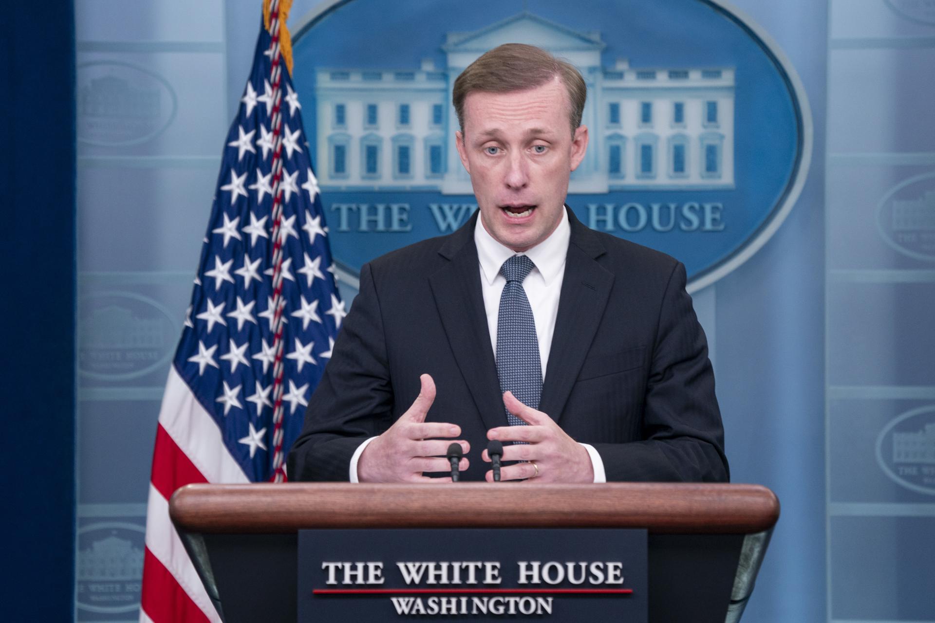 US National Security Adviser Jake Sullivan briefs reporters at the White House in Washington on 7 July 2023. EFE/EPA/SHAWN THEW