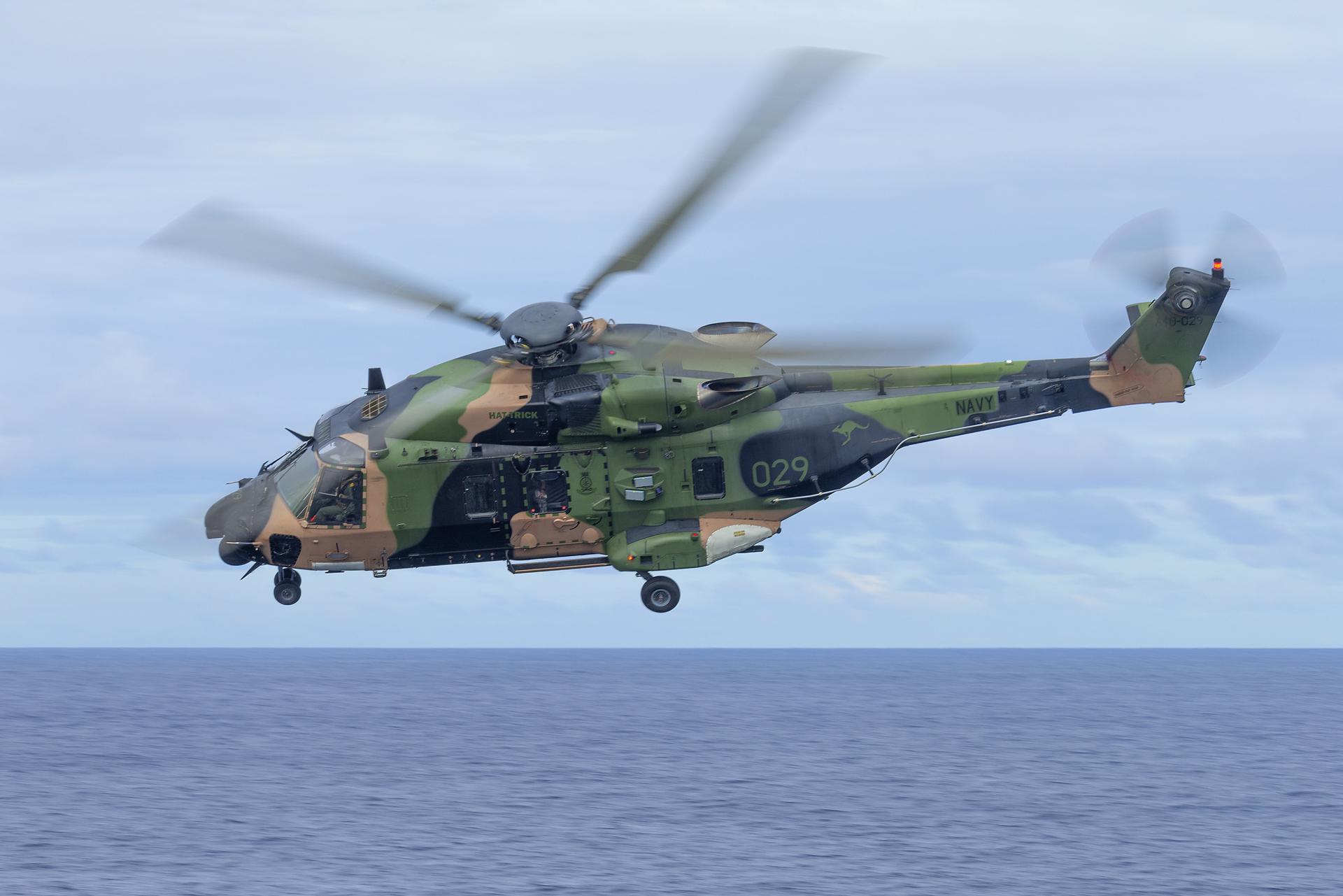 A handout file photo made available on 29 July 2023 by the Australian Defence Force (ADF) shows an Australian Army MRH-90 Taipan helicopter conducting flying serials during a ship's transit to Vanuatu, 23 July 2020 (issued 29 July 2023). EFE-EPA/ADF/LSIS James McDougall HANDOUT MANDATORY CREDIT: COMMONWEALTH OF AUSTRALIA 2023, DEPARTMENT OF DEFENCE/AUSTRALIA AND NEW ZEALAND OUT/NO ARCHIVING, EDITORIAL USE ONLY HANDOUT EDITORIAL USE ONLY/NO SALES