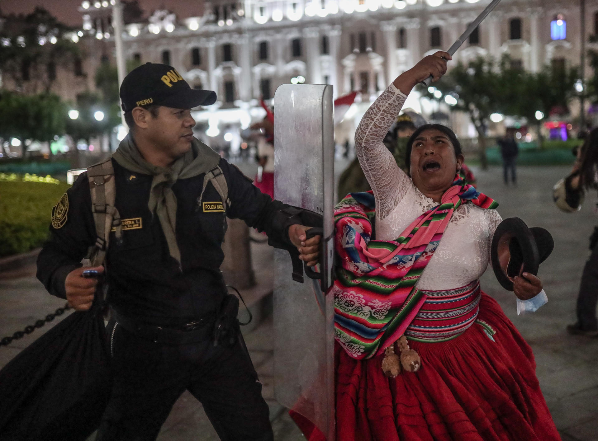 Anti-government protesters gathered in San Martin square clash with members of the Police at the end of a day of protests, in Lima, Peru, 22 July 2023. EFE-EPA/Aldair Mejia