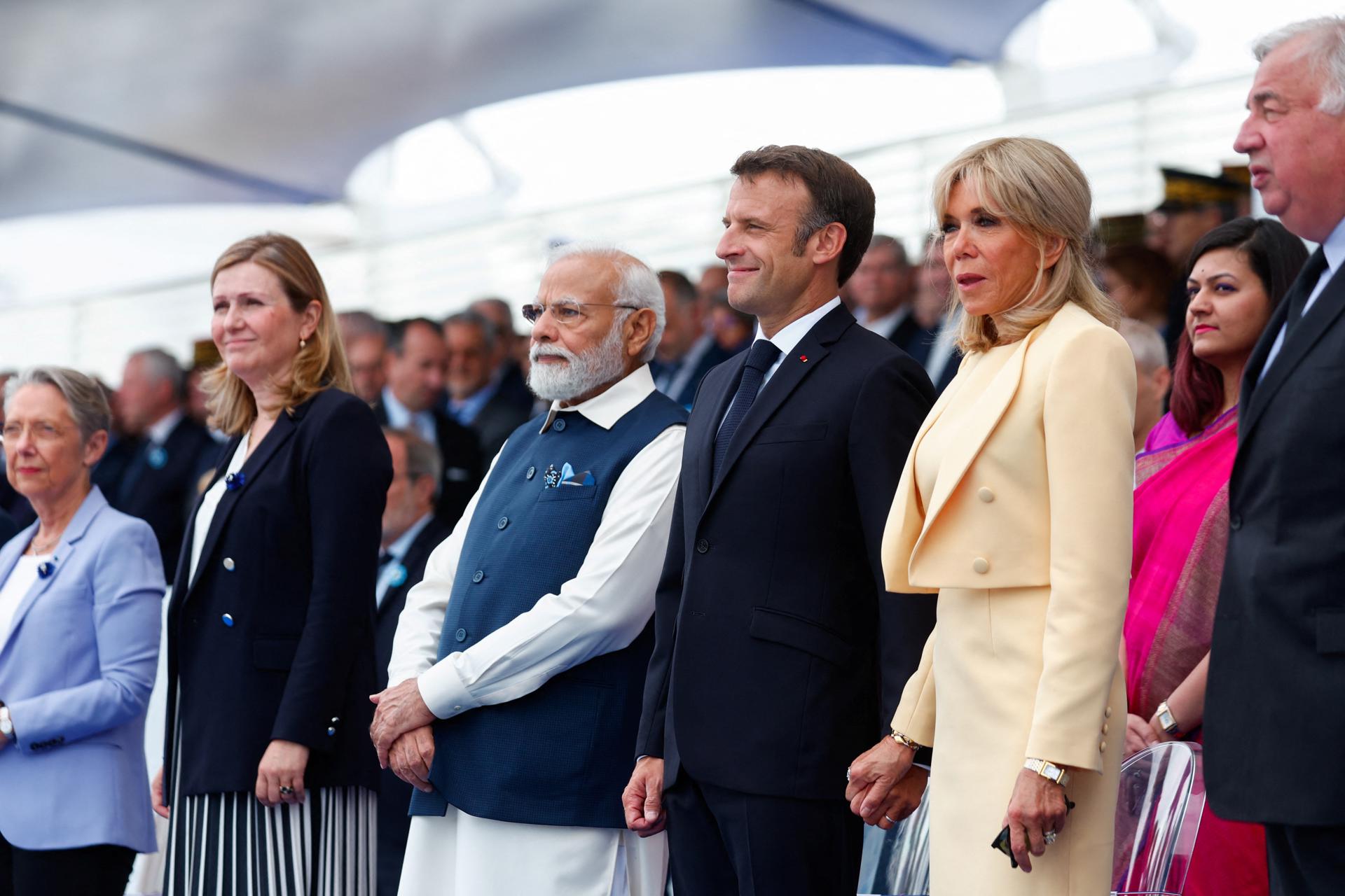 France's President Emmanuel Macron, first lady Brigitte Macron, India's Prime Minister Narendra Modi and France's Prime Minister Elisabeth Borne attend the annual Bastille Day military parade on the Champs-Elysees avenue in Paris, France, 14 July 2023. EFE-EPA/GONZALO FUENTES / POOL MAXPPP OUT
