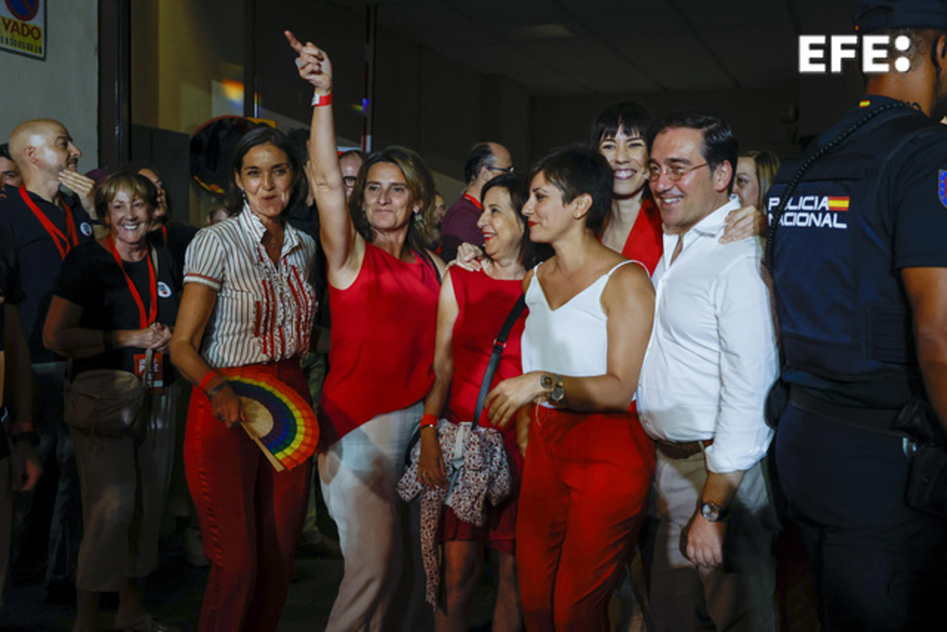 From left to right: Socialist leaders Reyes Maroto, Teresa Ribera, Margarita Robles, Isabel Rodriguez, and Jose Manuel Albares at party headquarters in Madrid on 23 July 2023 awaiting the results of Spain's general elections. EFE/Javier Lizon
