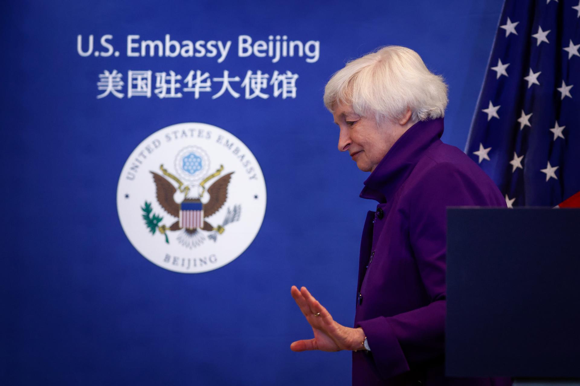 US Treasury Secretary Janet Yellen gestures as she leaves a press conference at the US Embassy in Beijing, China, 09 July 2023. EFE-EPA/MARK R. CRISTINO