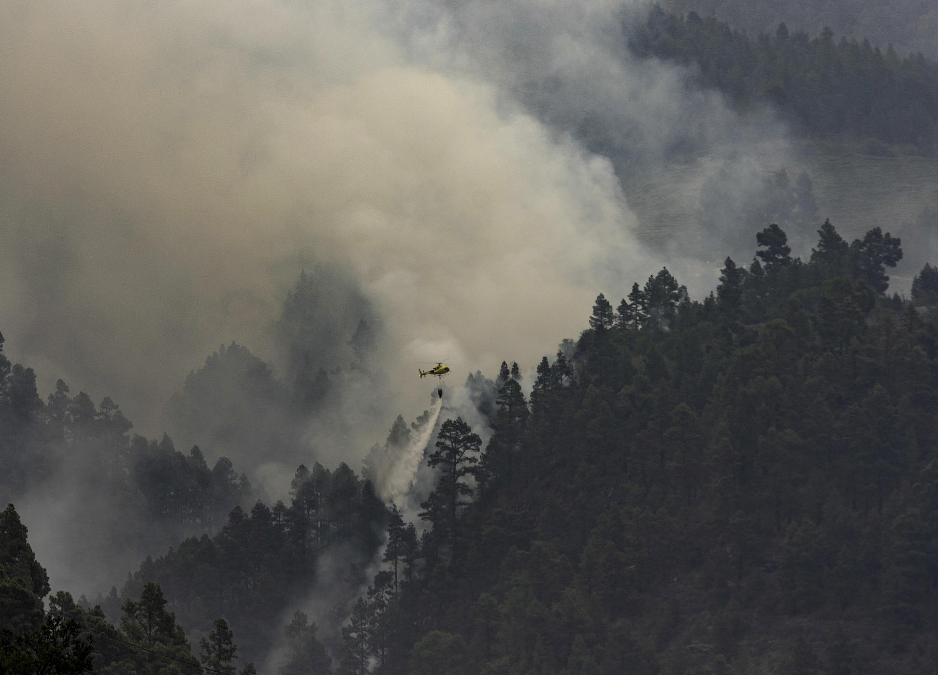 Un helicóptero descarga agua sobre el incendio forestal de La Palma, en el municipio de Tijarafe. EFE/Miguel Calero
