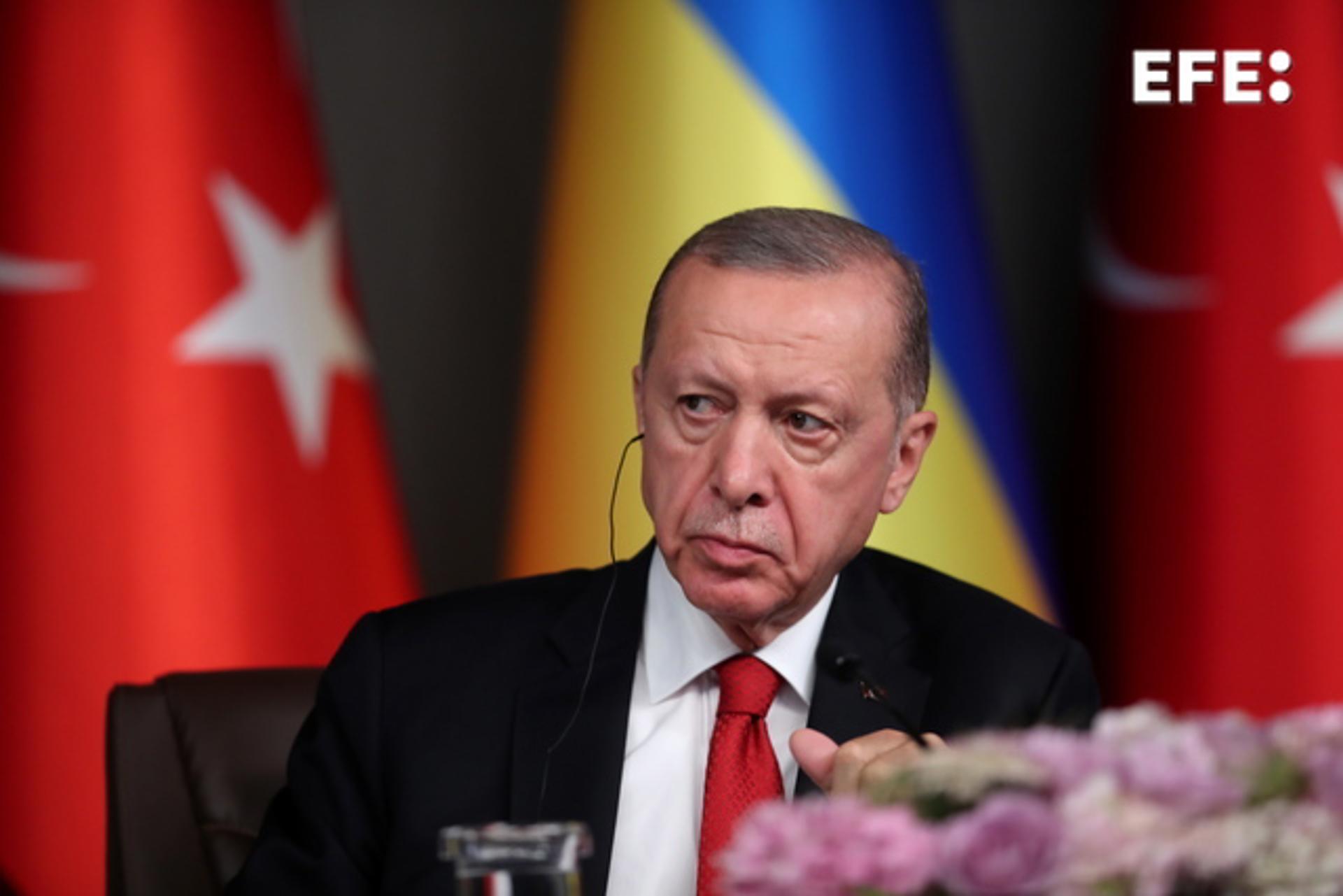 Turkey's President Recep Tayyip Erdogan takes part in a joint press conference with Ukraine's Volodymyr Zelenskyy in Istanbul on 7 July 2023. EFE/EPA/TOLGA BOZOGLU
