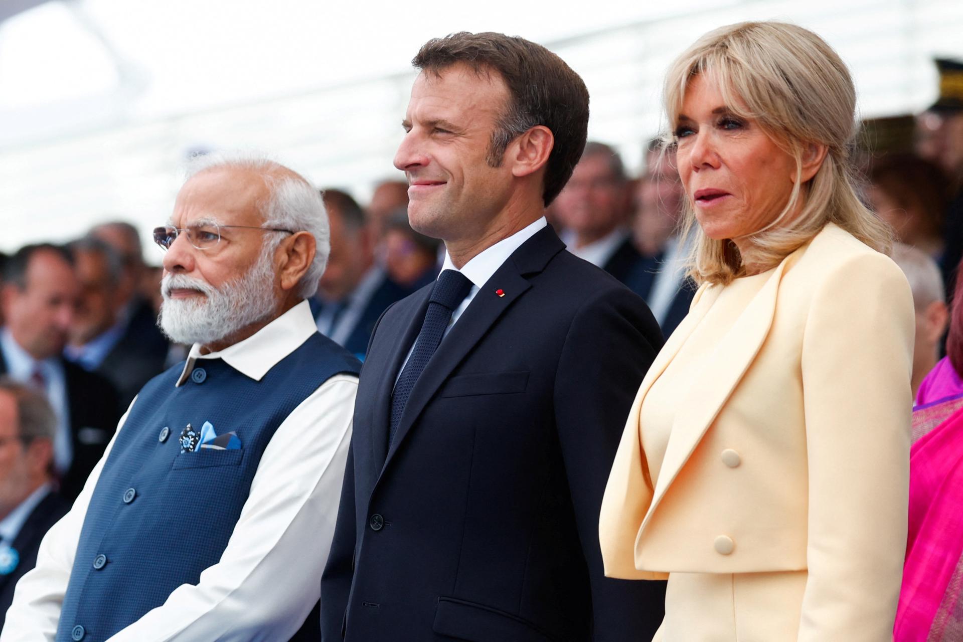 France's President Emmanuel Macron, first lady Brigitte Macron and India's Prime Minister Narendra Modi attend the annual Bastille Day military parade on the Champs-Elysees avenue in Paris, France, 14 July 2023. EFE-EPA/GONZALO FUENTES / POOL MAXPPP OUT