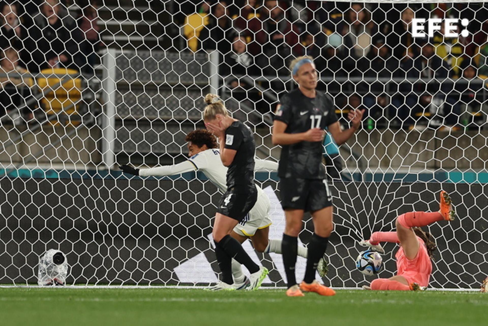 The Philippines' Sarina Bolden (L) celebrates after scoring against New Zealand during the FIFA Women's World Cup Group A match in Wellington, New Zealand, on 25 July 2023. EFE/EPA/RITCHIE B. TONGO
