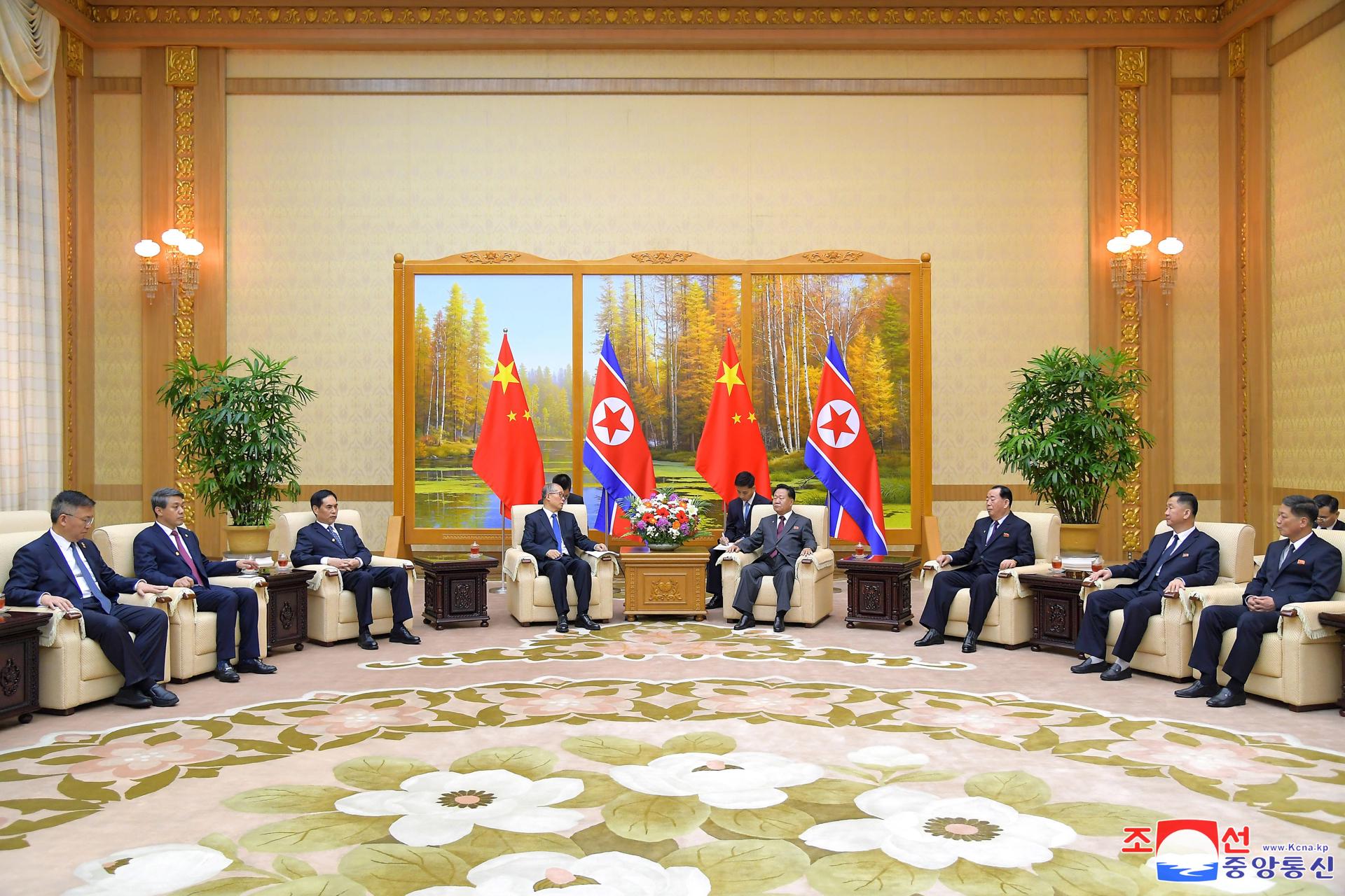 A photo released by the official North Korean Central News Agency (KCNA) shows Choe Ryong-hae (5-L), head of the Presidium of the Supreme People's Assembly, meeting with a Chinese government delegation, led by Chinese Communist Party politburo member Li Hongzhong (4-L), at the Mansudae Assembly Hall in Pyongyang, North Korea, 26 July 2023 (issued 27 July 2023). EFE-EPA/KCNA EDITORIAL USE ONLY
