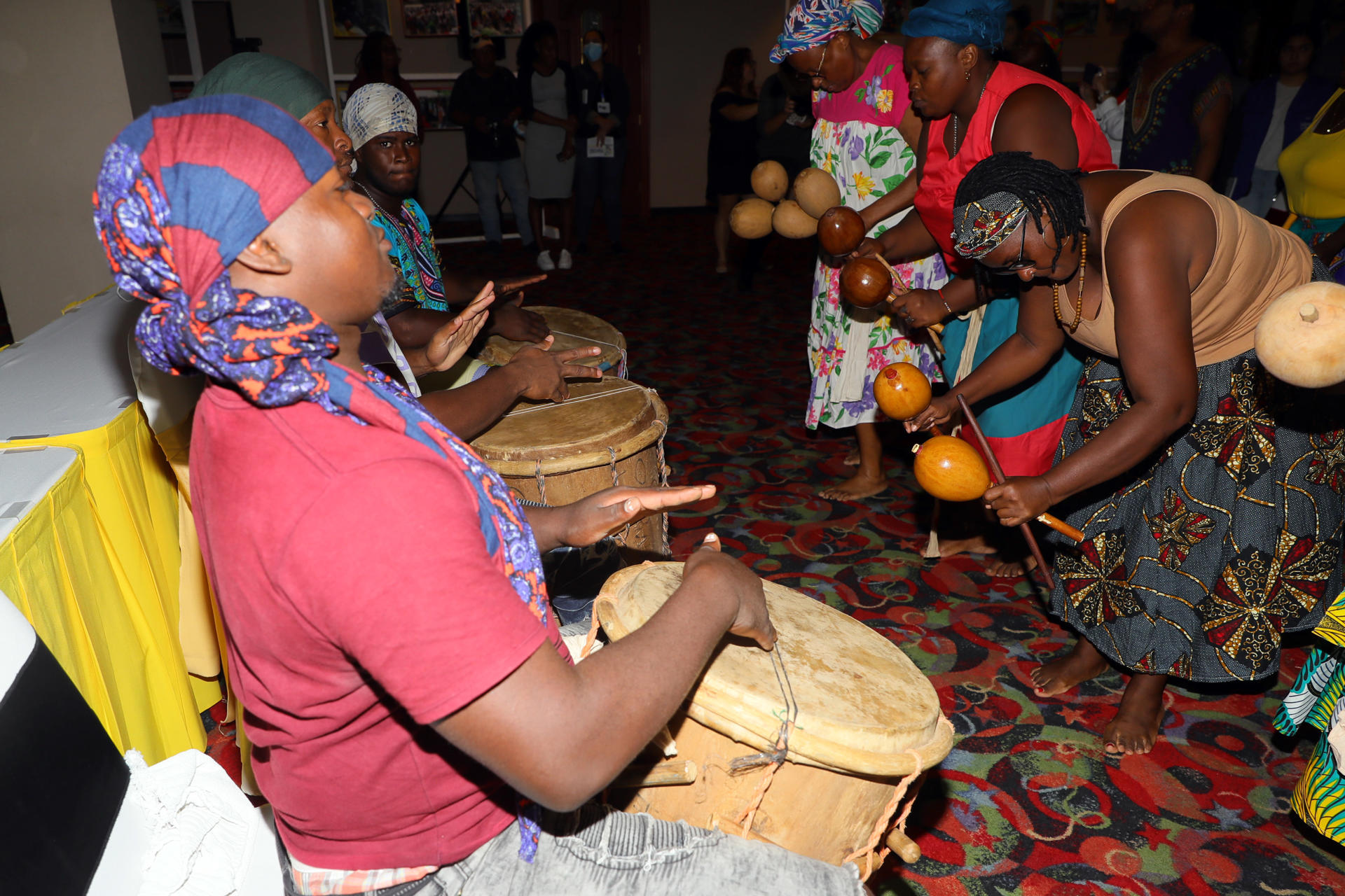 Members of the Black Fraternal Organization of Honduras perform a traditional Garifuna dance at a forum in Tegucigalpa on 20 July 2023. EFE/Gustavo Amador
