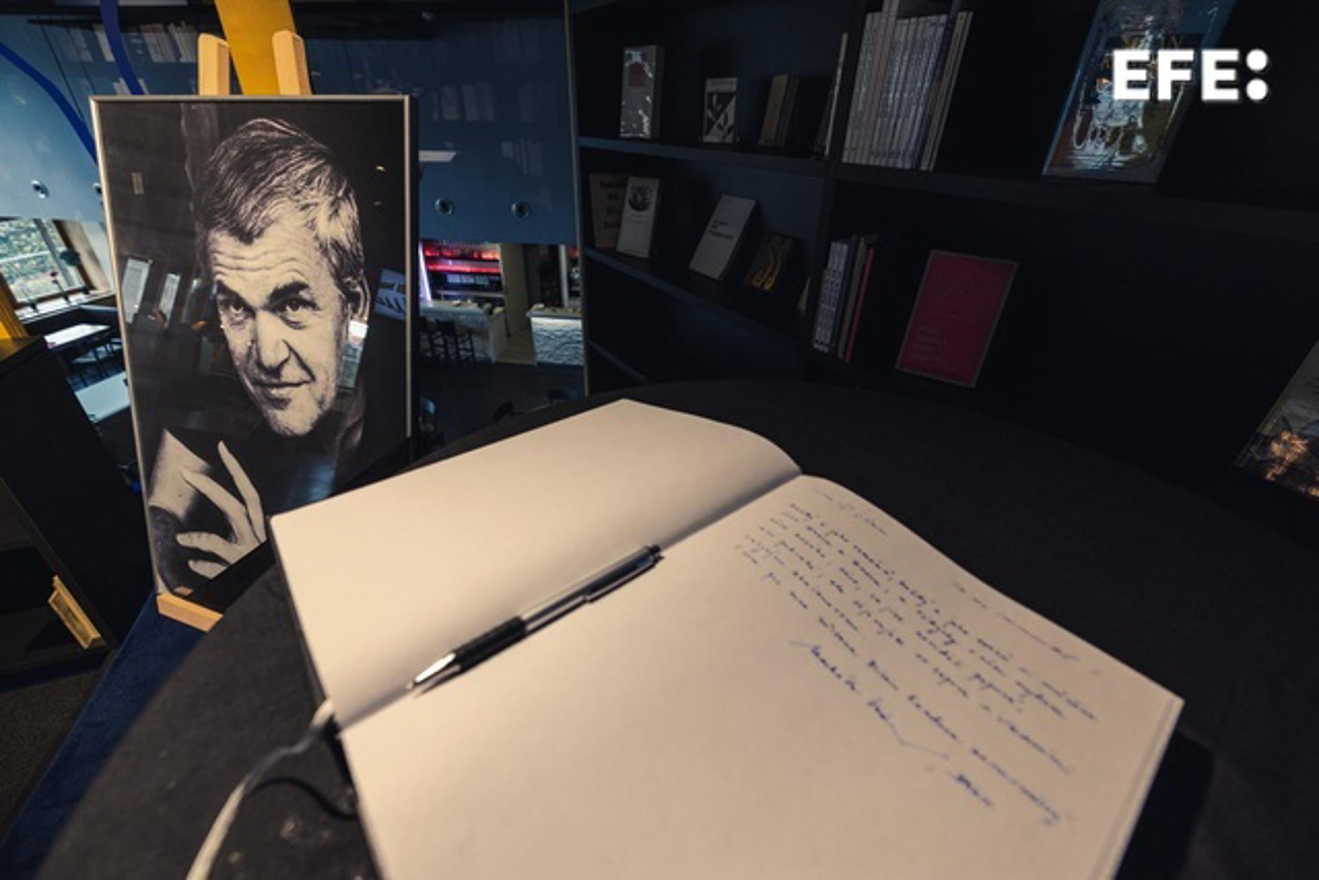 A condolence book and portrait of Milan Kundera at the Moravian Library in Brno, Czech Republic, on 12 July 2023. The Czech-born writer died at the age of 94 in Paris. EFE/EPA/TOMAS SKODA
