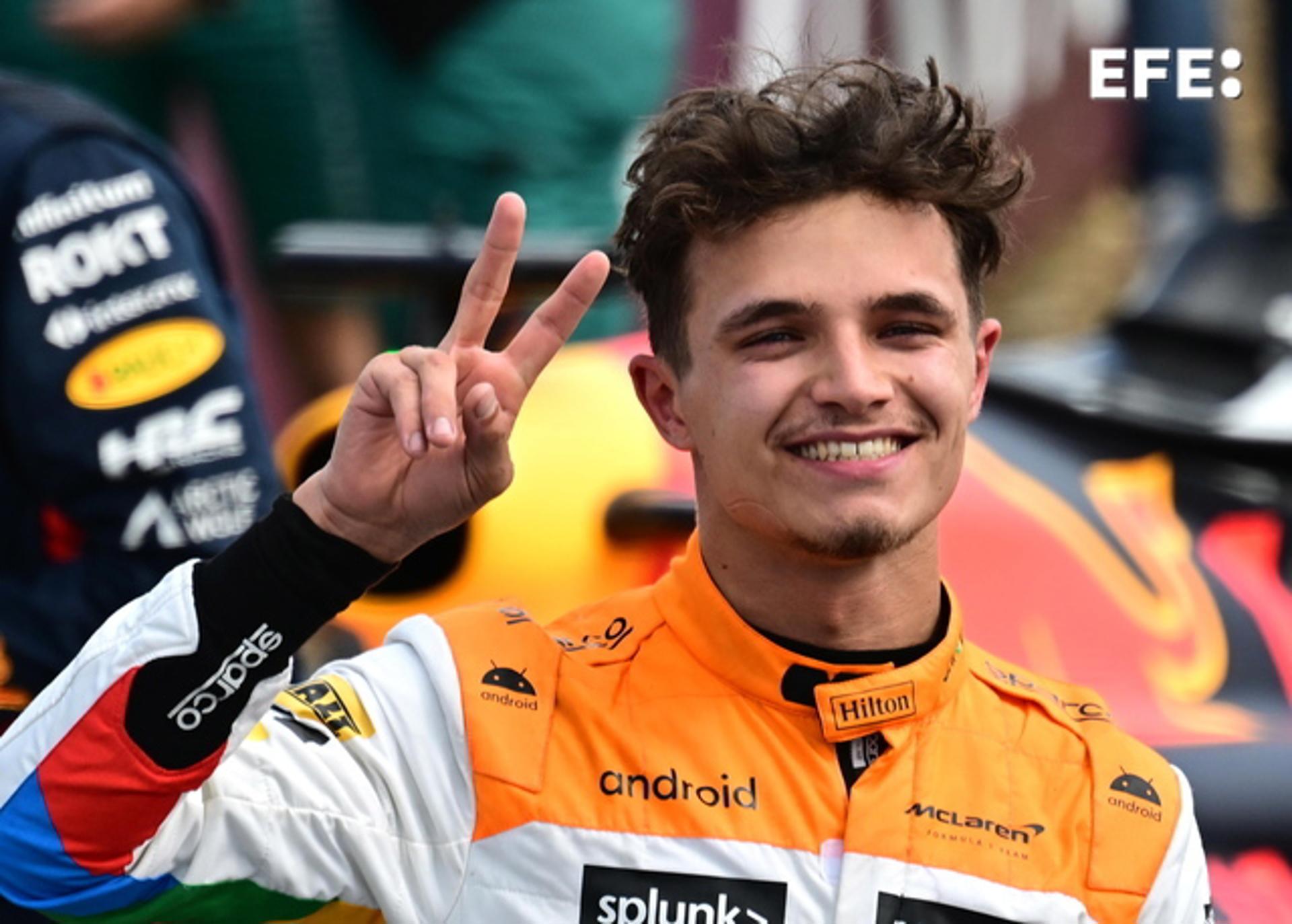 Lando Norris (McLaren) celebrates after finishing second in the Formula 1 British Grand Prix 2023 at the Silverstone Circuit in Silverstone, England, on 9 July 2023. EFE/EPA/CHRISTIAN BRUNA
