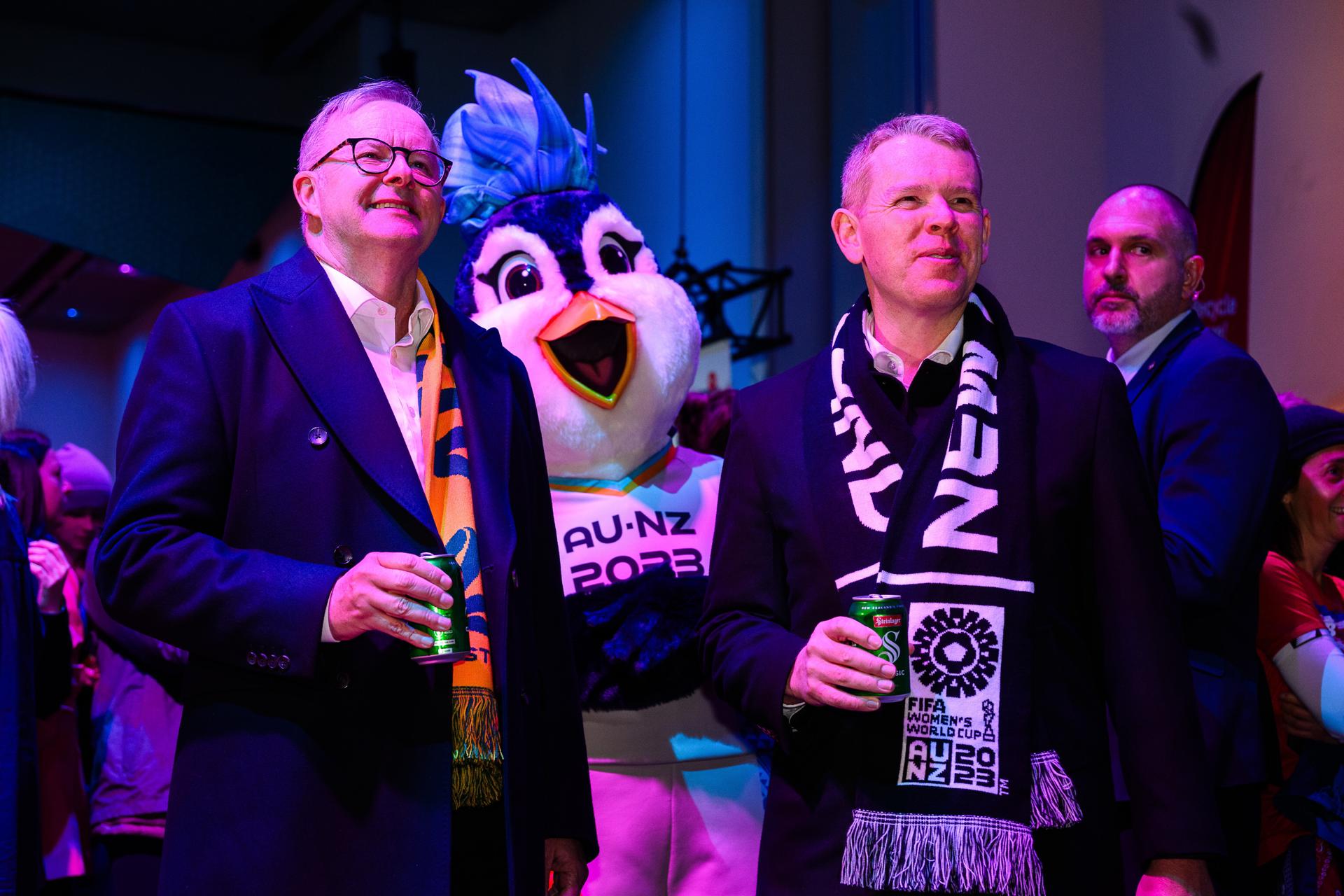 Australian Prime Minister Anthony Albanese (L) and New Zealand Prime Minister Chris Hipkins (R) at the FIFA Fan Festival in Wellington, New Zealand, 26 July 2023. EFE/EPA/MARK COOTE AUSTRALIA AND NEW ZEALAND OUT
