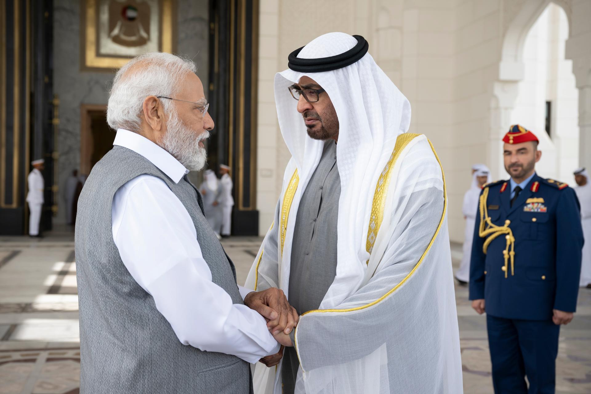 A handout photo made available by the UAE's Presidential Court shows President of the United Arab Emirates and Ruler of the emirate of Abu Dhabi Sheikh Mohamed bin Zayed Al Nahyan (R) meeting with Indian Prime Minister Narendra Modi (L), in Abu Dhabi, United Arab Emirates, 15 July 2023. EFE/EPA/UAE PRESIDENTIAL COURT HANDOUT HANDOUT EDITORIAL USE ONLY/NO SALES