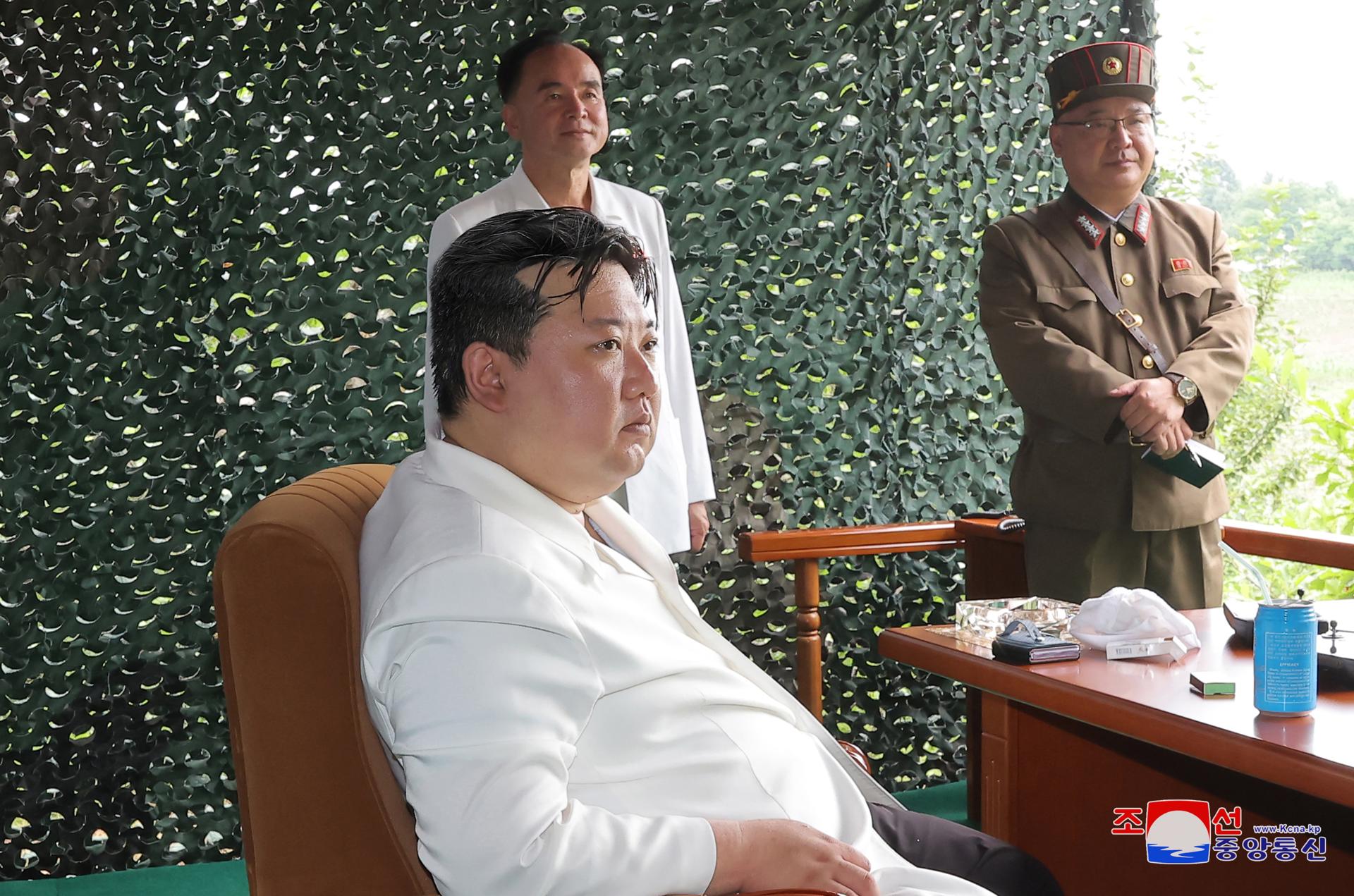 A photo released by the official North Korean Central News Agency (KCNA) shows North Korean leader Kim Jong-un attending the test-firing of a Hwasong-18 solid-fuel intercontinental ballistic missile (ICBM), at an undisclosed location in North Korea, 12 July 2023 (issued 13 July 2023). EFE/EPA/KCNA EDITORIAL USE ONLY
