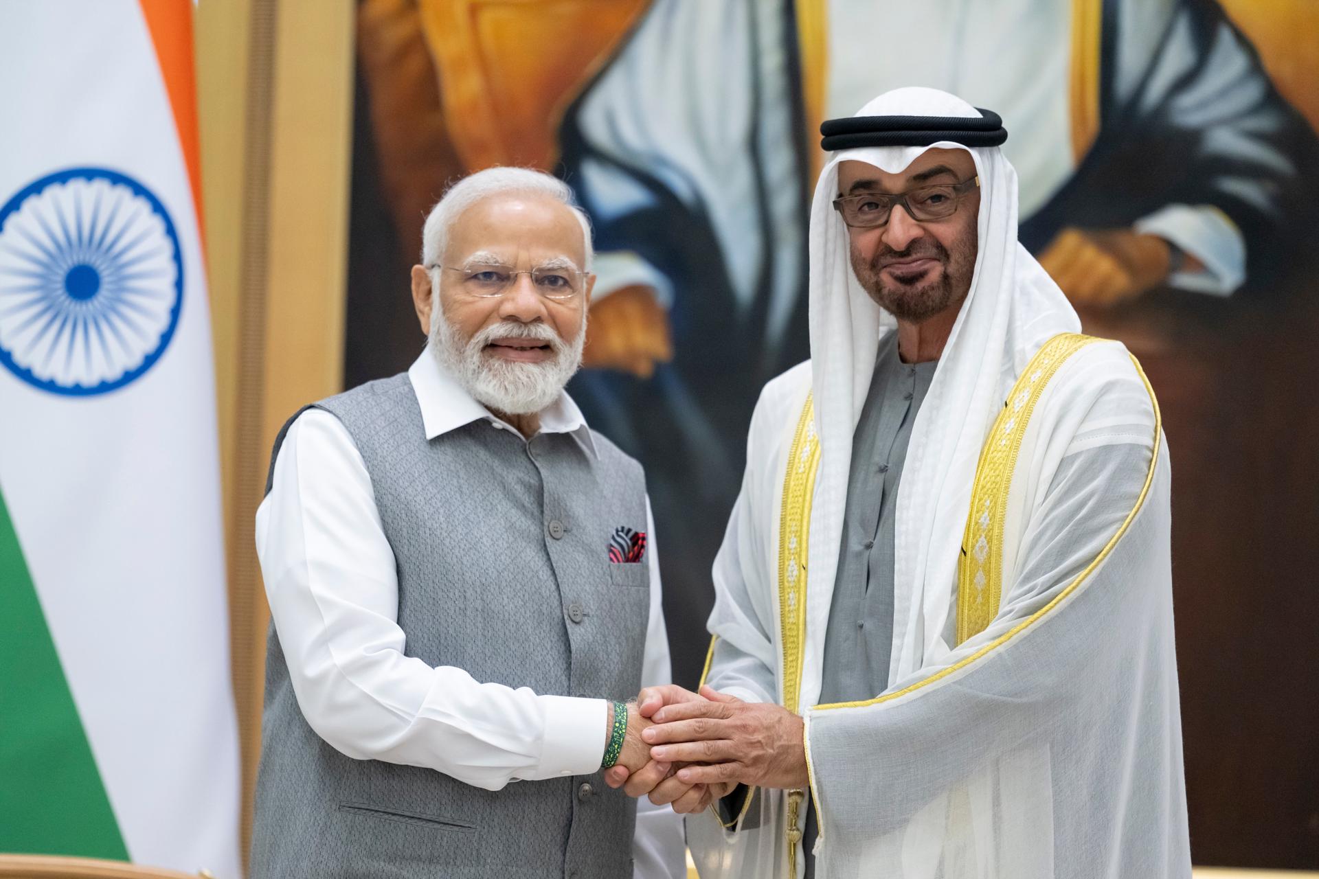 A handout photo made available by the UAE's Presidential Court shows President of the United Arab Emirates and Ruler of the emirate of Abu Dhabi Sheikh Mohamed bin Zayed Al Nahyan (R) meeting with Indian Prime Minister Narendra Modi (L), in Abu Dhabi, United Arab Emirates, 15 July 2023. EFE-EPA/UAE PRESIDENTIAL COURT HANDOUT HANDOUT EDITORIAL USE ONLY/NO SALES