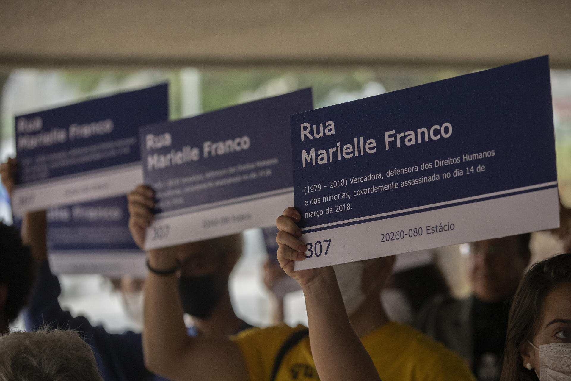 Activists demand justice in the case of the March 14, 2018, assassination of Rio de Janeiro councilwoman and human rights advocate Marielle Franco. EFE/ Joedson Alves