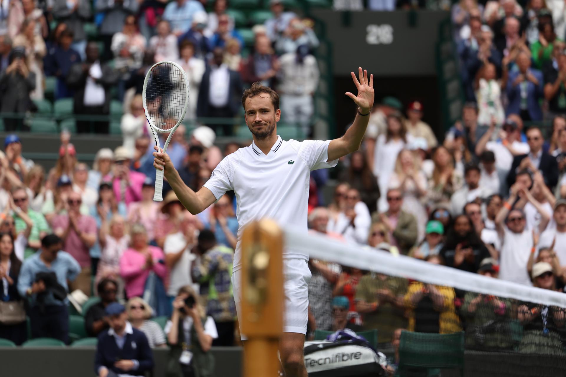 Russian No. 3 seed Daniil Medvedev celebrates after winning his men's singles first-round match against Arthur Fery of Britain at the Wimbledon Championships, Wimbledon, Britain, on 5 July 2023. Medvedev won 7-5, 6-4, 6-3. EFE/EPA/ISABEL INFANTES EDITORIAL USE ONLY
