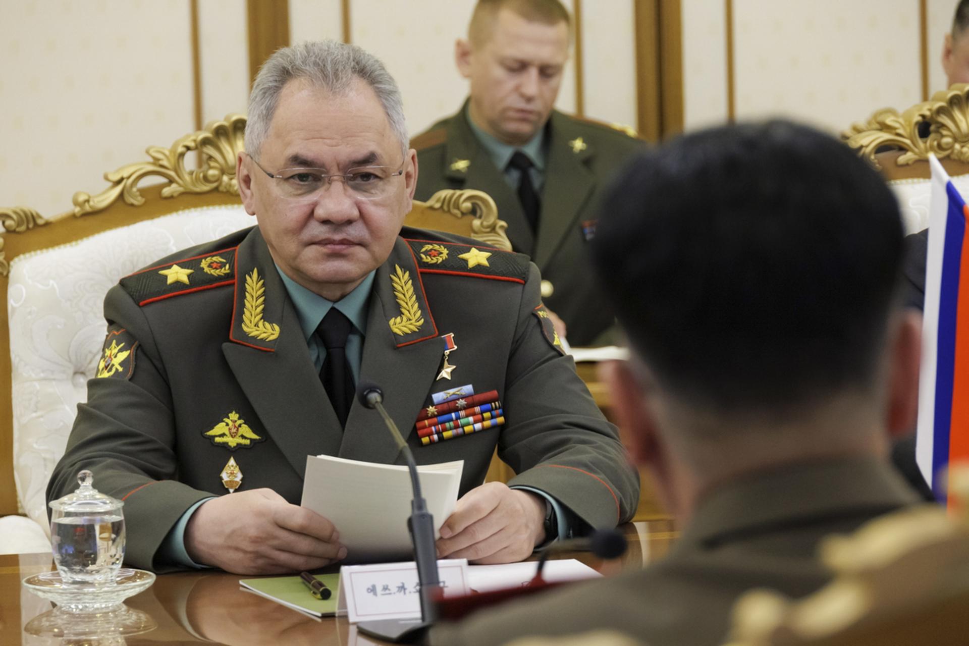 A handout video made available by the Russian Defence Ministry shows Russian Defence Minister Sergei Shoigu (L) attending a meeting with North Korea's Defence Minister General Kang Sun-nam in Pyongyang, North Korea, 26 July 2023. A Russian delegation, led by Defence Minister Sergei Shoigu, arrived in Pyongyang to attend the 70th anniversary of Korean War armistice. (Rusia) EFE/EPA/RUSSIAN DEFENCE MINISTRY PRESS SERVICE / HANDOUT --MANDATORY CREDIT-- HANDOUT EDITORIAL USE ONLY/NO SALES
