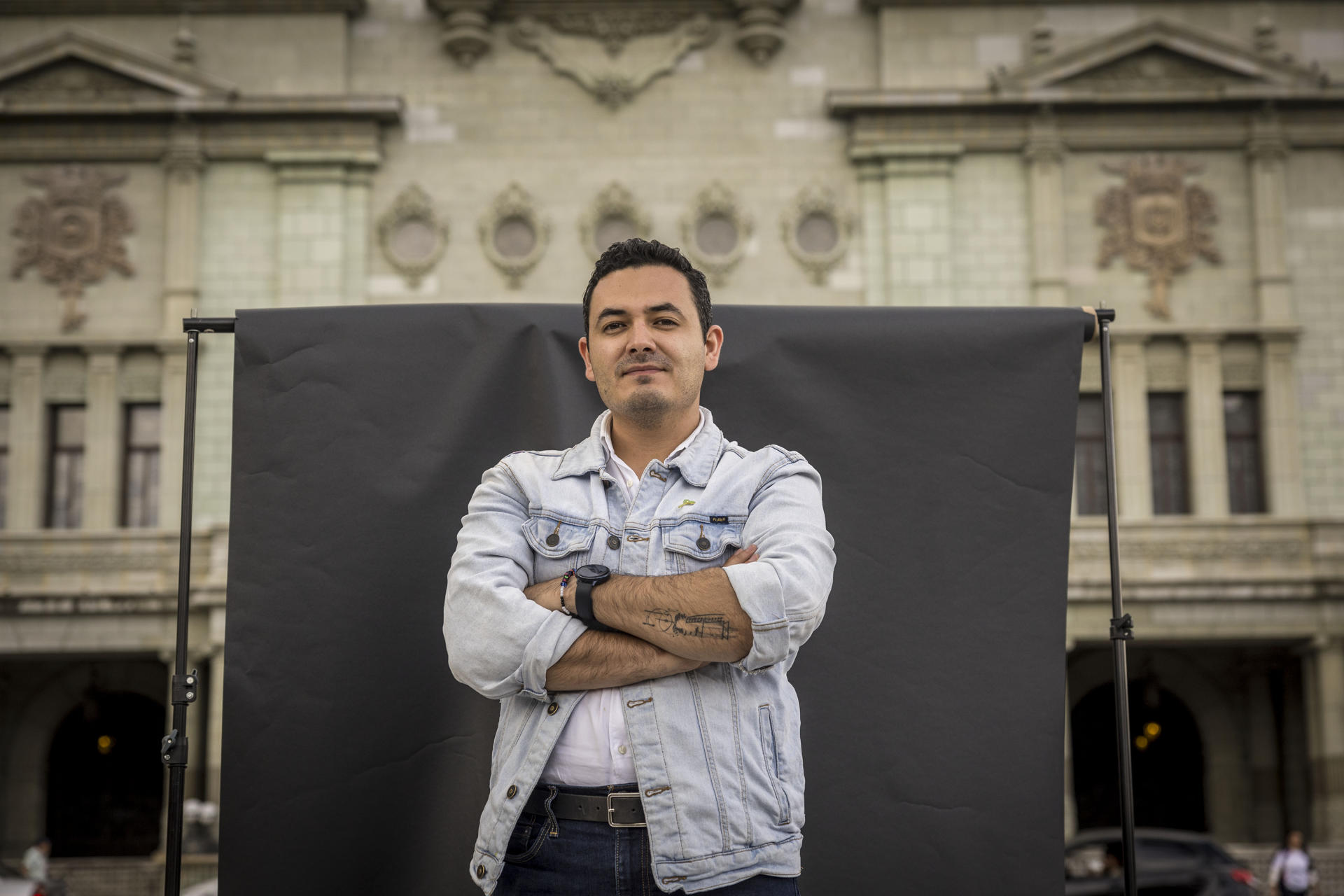 Movimiento Semilla lawmaker Samuel Perez poses in Constitution Square in Guatemala City on 19 July 2023. EFE/Esteban Biba
