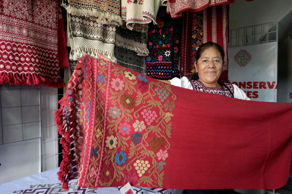 La artesana Rosa Hernández, muestra una prenda realizada con grana cochinilla el 8 de julio de 2023, en un criadero del municipio de Hueyapan, Puebla (México). EFE/Hilda Ríos
