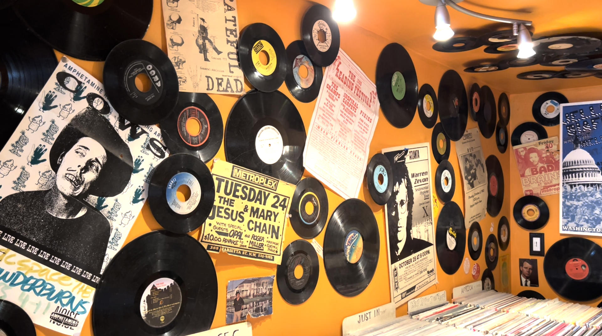 A 12 July 2023 photo of a wall decorated with vinyl albums at the Som Records store in Washington DC (United States). EFE/Sara Soteras
