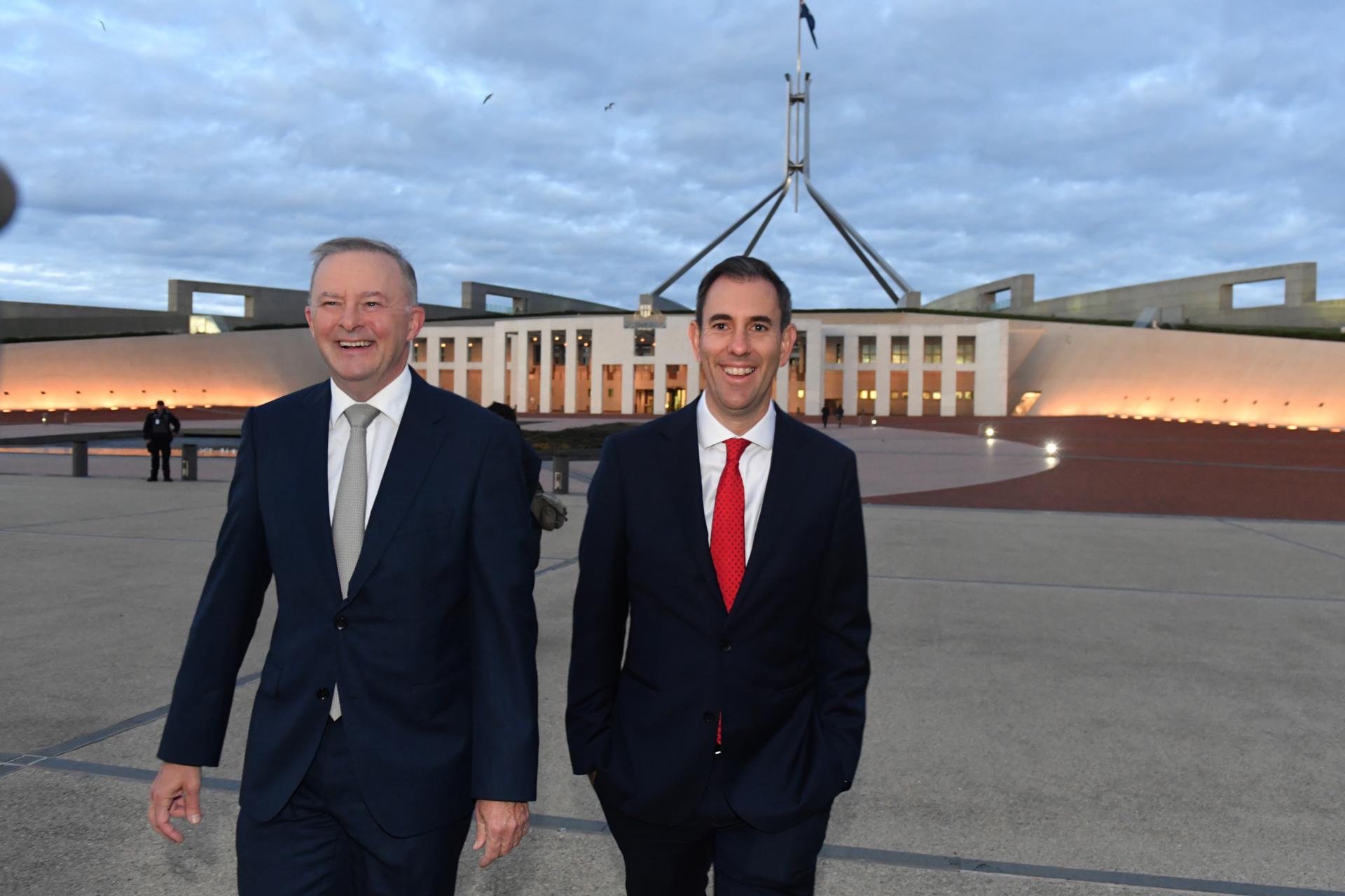 Then-leader of the Opposition Anthony Albanese and then-shadow Treasurer Jim Chalmers arrive to conduct breakfast television interviews at Parliament House in Canberra, Australia, 12 May 2021. EFE-EPA FILE/MICK TSIKAS AUSTRALIA AND NEW ZEALAND OUT
