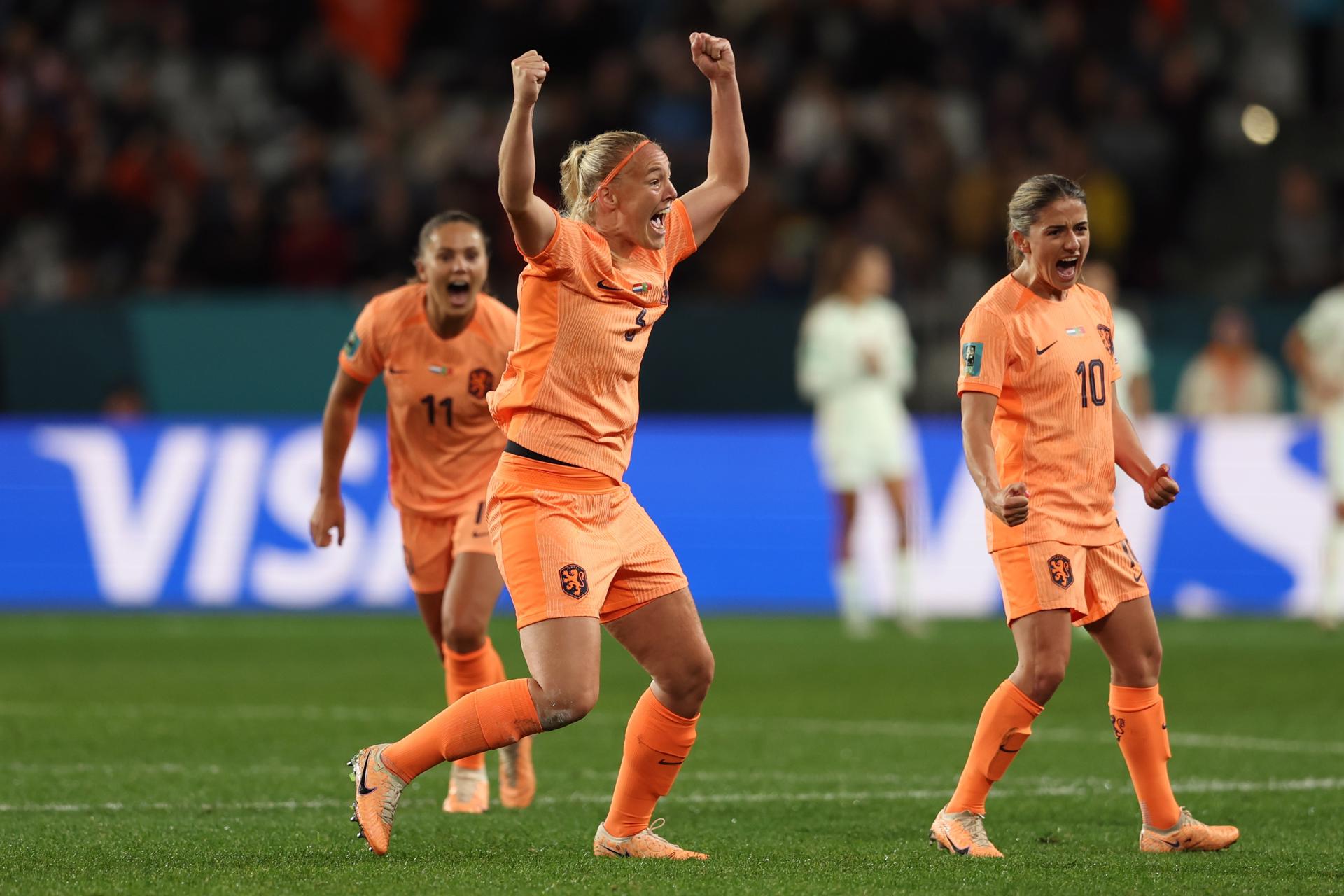 Netherlands players celebrate defeating Portugal in their group stage match at the 2023 Women's World Cup in Dunedin, New Zealand, on 23 July 2023. EFE/EPA/RITCHIE B. TONGO