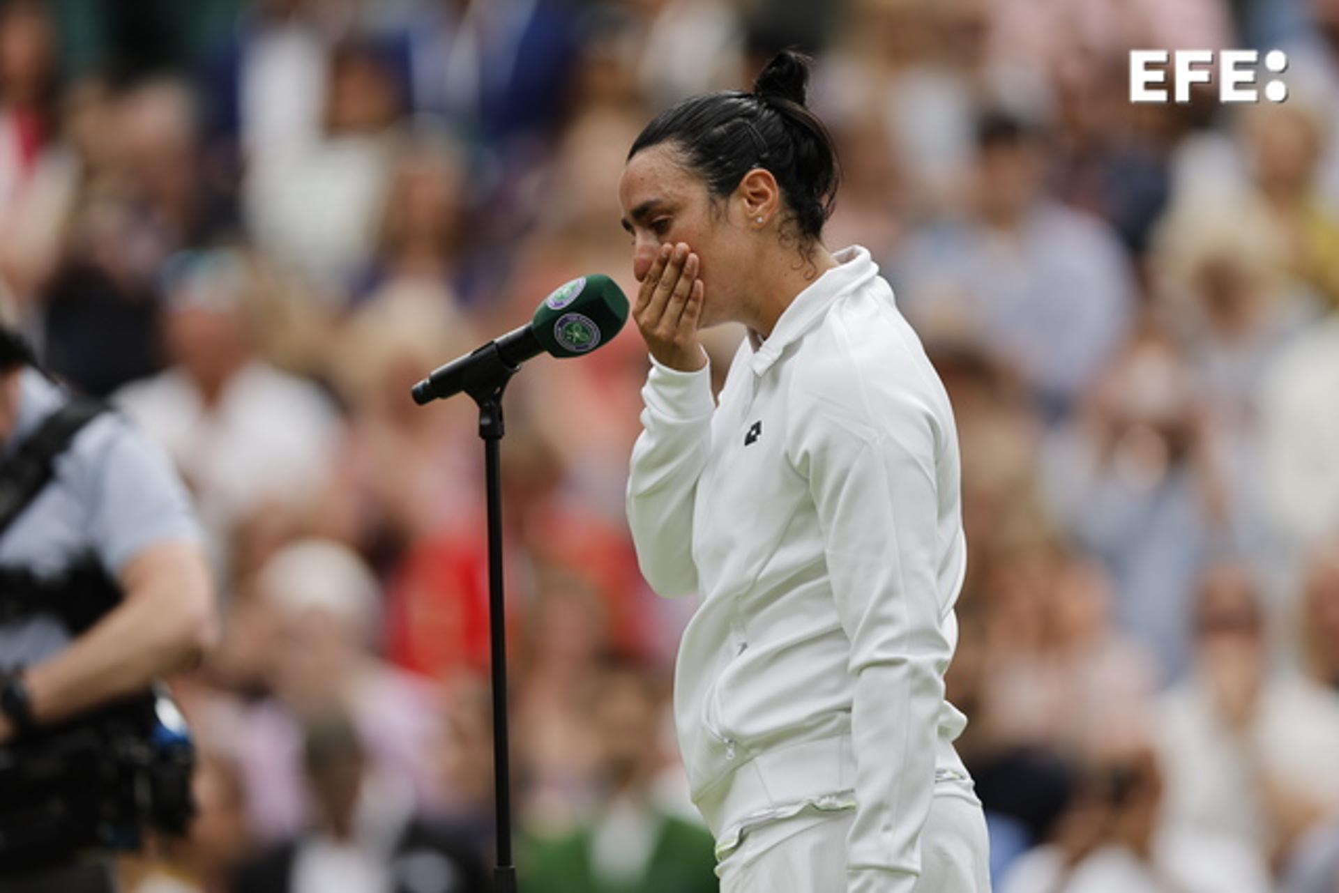 A tearful Ons Jabeur speaks after her defeat to Marketa Vondrousova in the ladies singles final at the Wimbledon Championships in London on 15 July 2023. EFE/EPA/TOLGA AKMEN EDITORIAL USE ONLY
