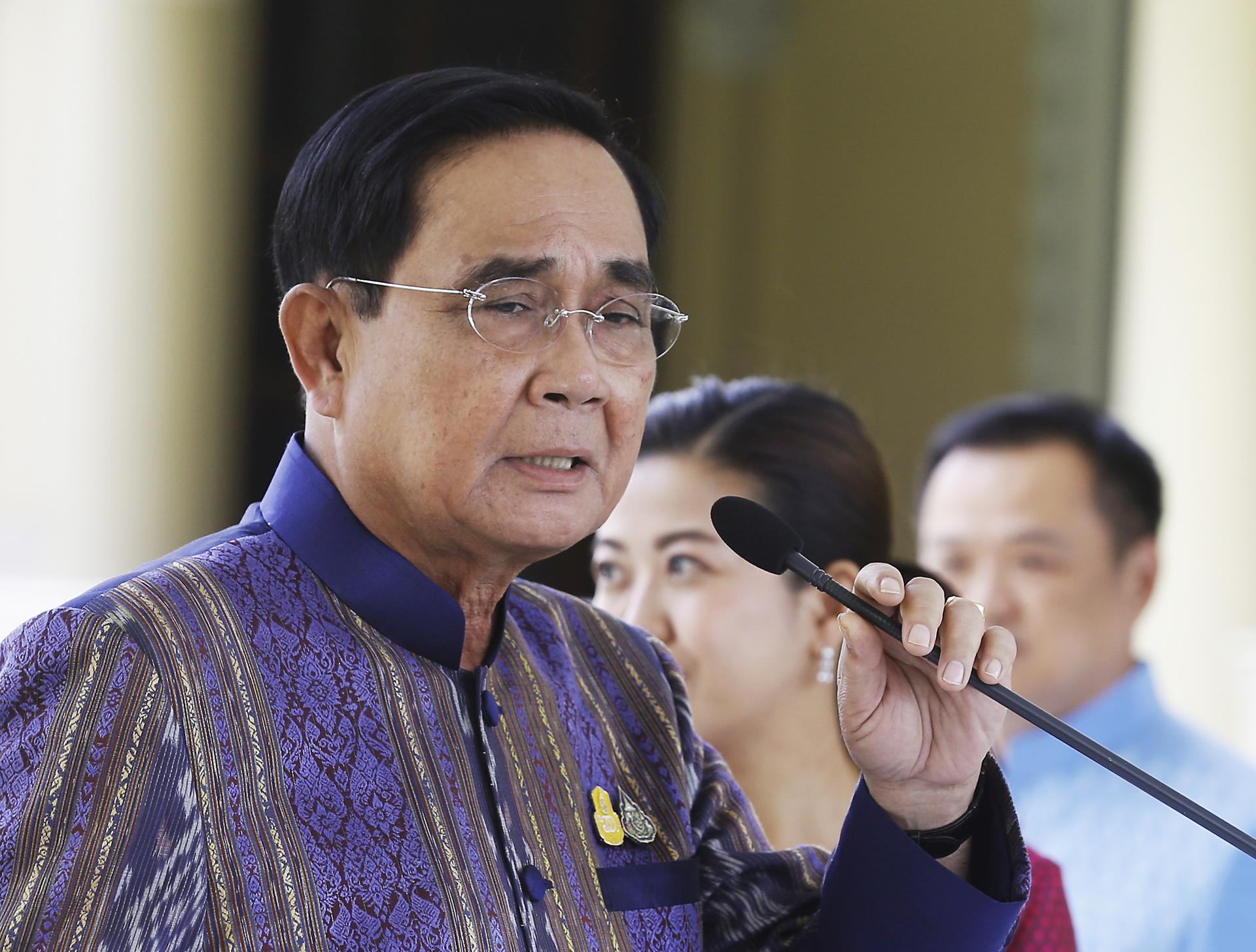 Thai caretaker Prime Minister Prayut Chan-o-cha addresses the media after he chaired a weekly cabinet meeting ahead of the parliament vote for a new premier, at the Government House in Bangkok, Thailand, 11 July 2023. EFE-EPA/NARONG SANGNAK
