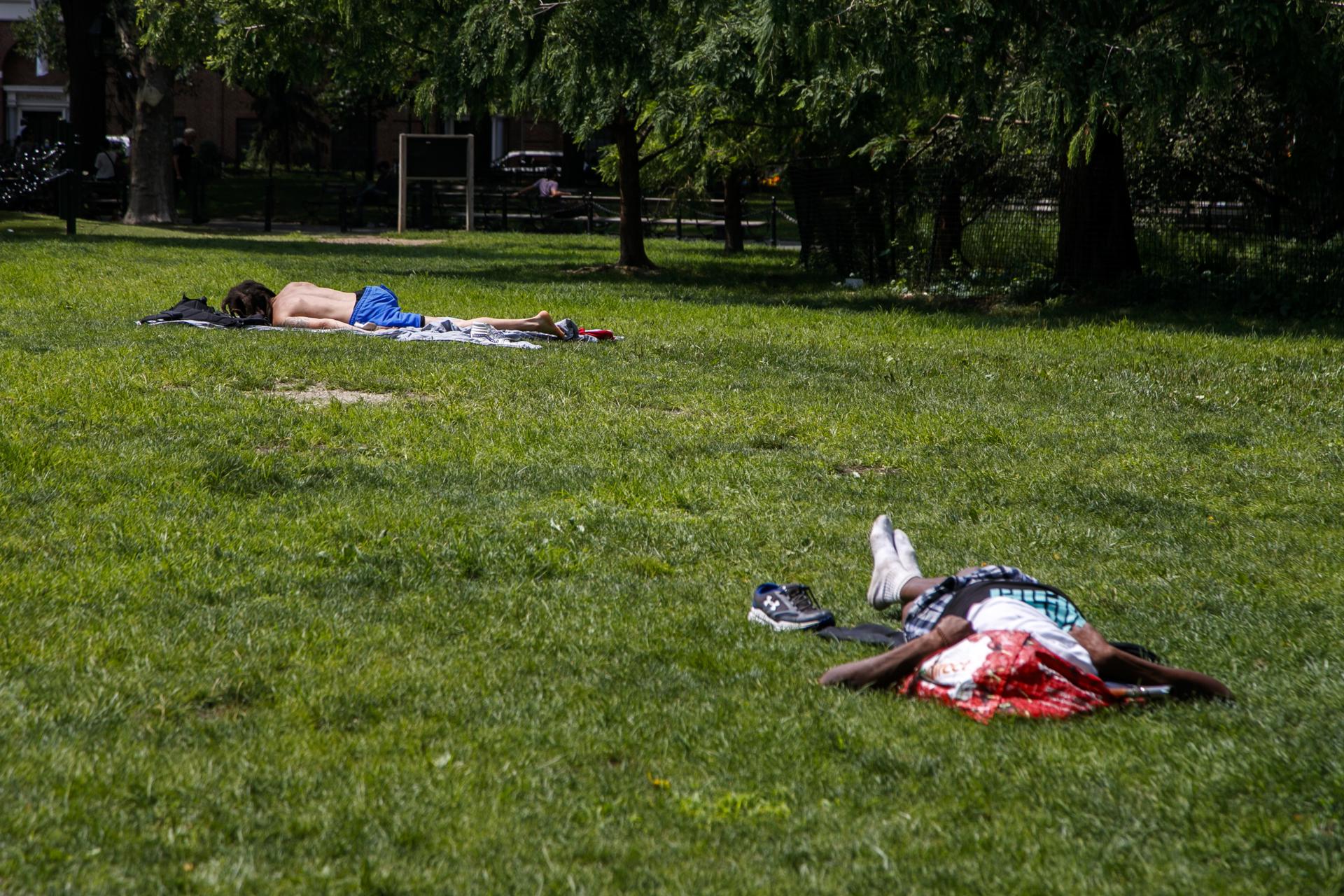 People lie on the grass on a sweltering day in New York City. July is set to become the world's warmest month on record, the World Meteorological Organization, a United Nations specialized agency, said on 27 July 2023. EFE/EPA/SARAH YENESEL
