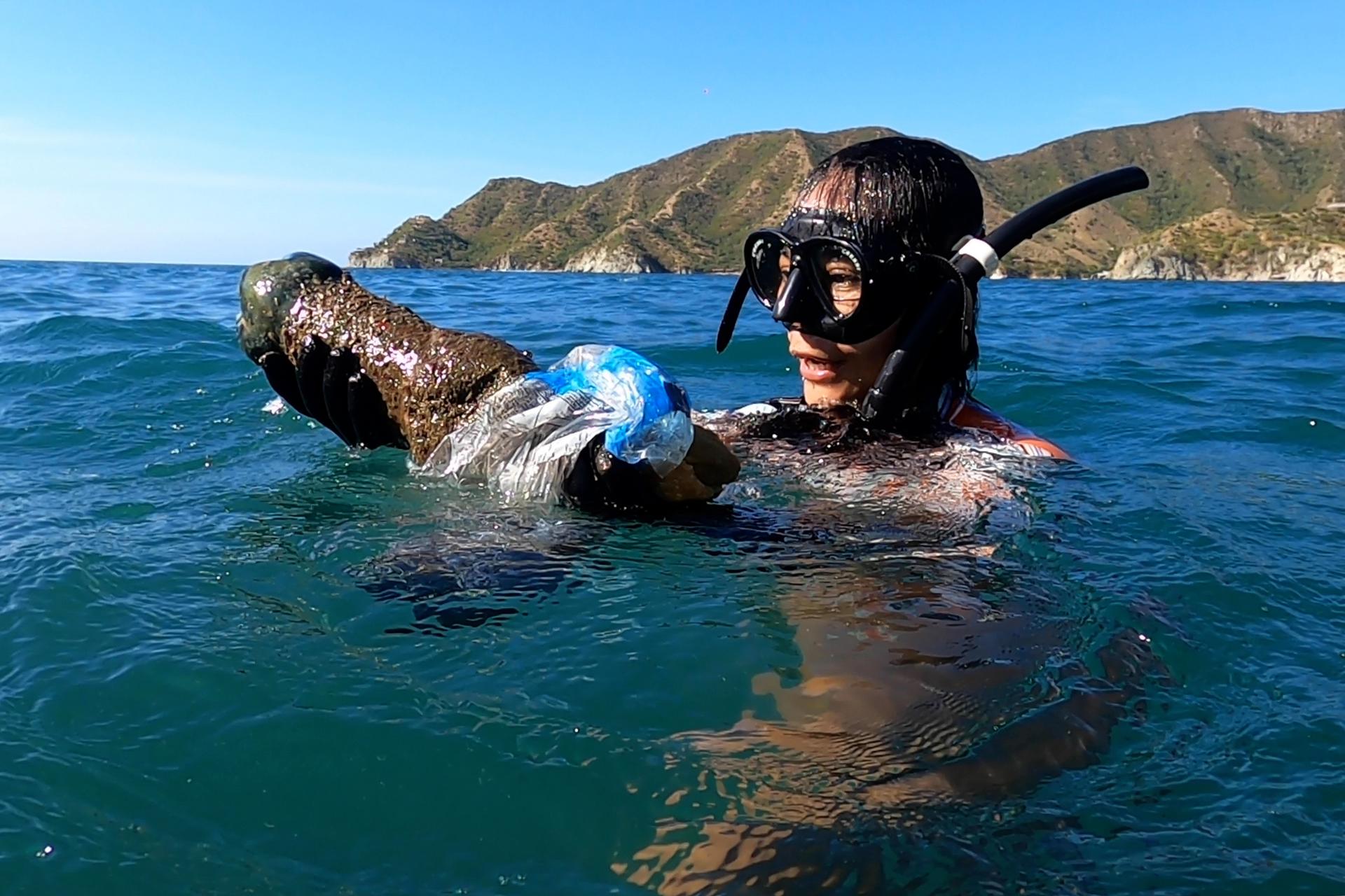 A photo taken in November 2022 and provided on 11 July 2023 by Elkin Castro that shows a freediver performing plastic clean-up work off the coast of the northern Colombian fishing village of Taganga. EFE/ Elkin Castro 
 EFE/ Elkin Castro
