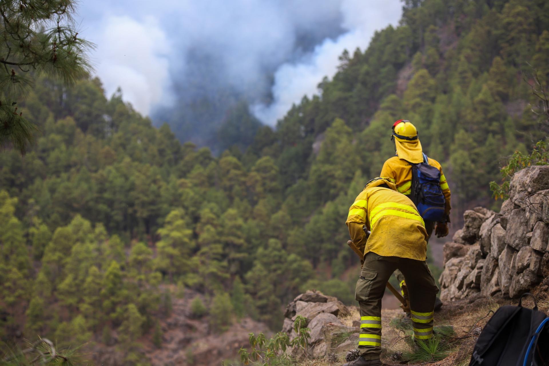 Miembros de una cuadrilla de los Equipos de Intervención y Refuerzo en Incendios Forestales (EIRIF) trabajan en las labores de extinción el barranco de Jurado, en Tijarafe. EFE/ Luis G Morera