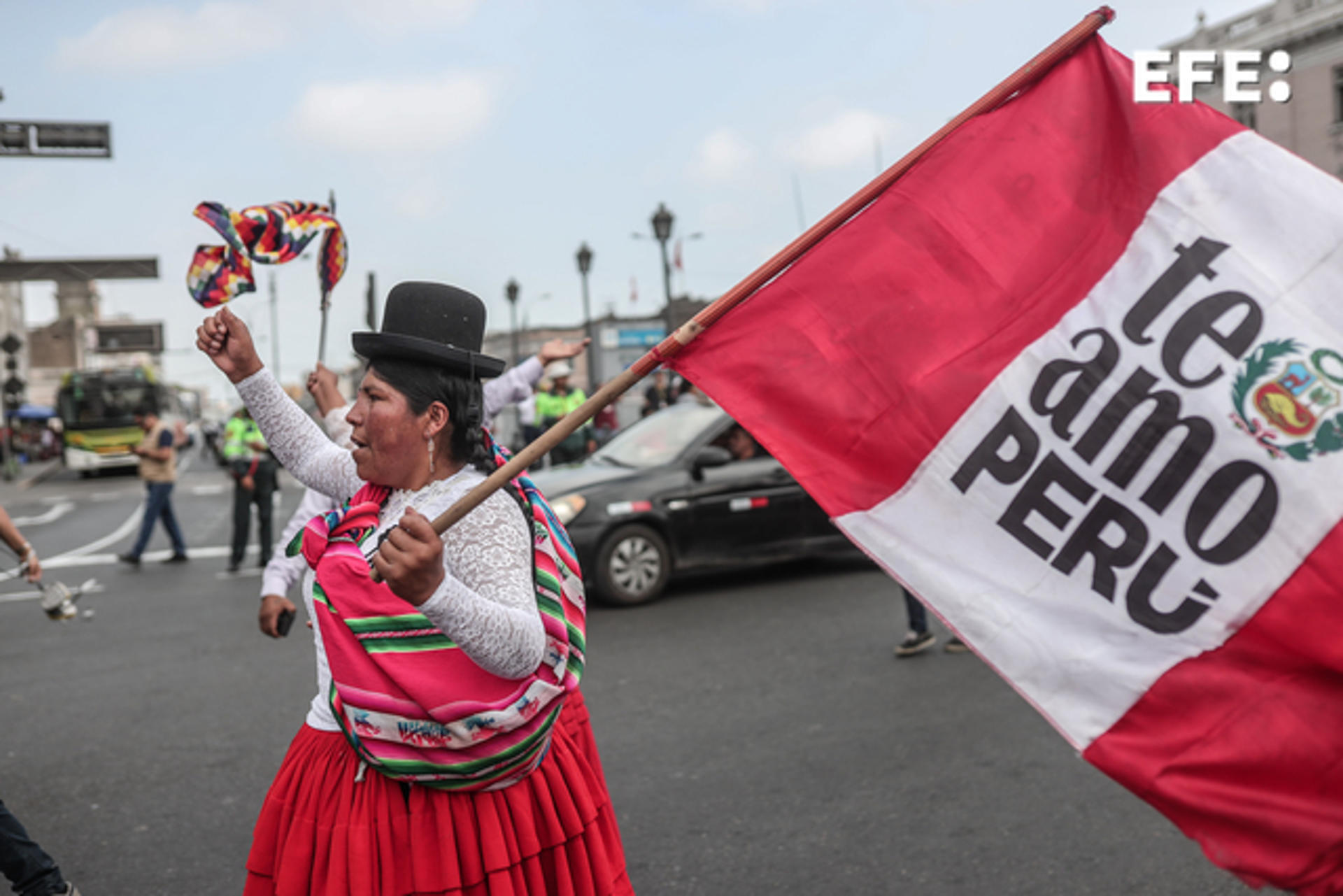 Thousands march in Lima on 19 July 2023 to demand the resignation of Peruvian President Dina Boluarte and the dissolution of Congress. EFE/Aldair Mejia

