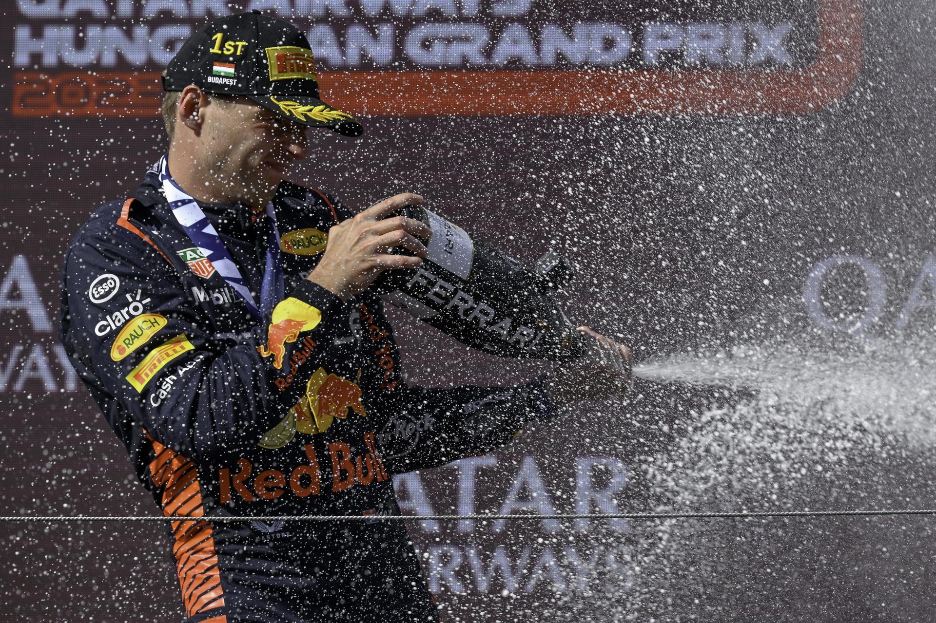 Race winner Max Verstappen (Red Bull) celebrates on the podium after the Formula One Hungarian Grand Prix at the Hungaroring circuit in Mogyorod, Hungary, on 23 July 2023.  EFE/EPA/Zsolt Czegledi HUNGARY OUT