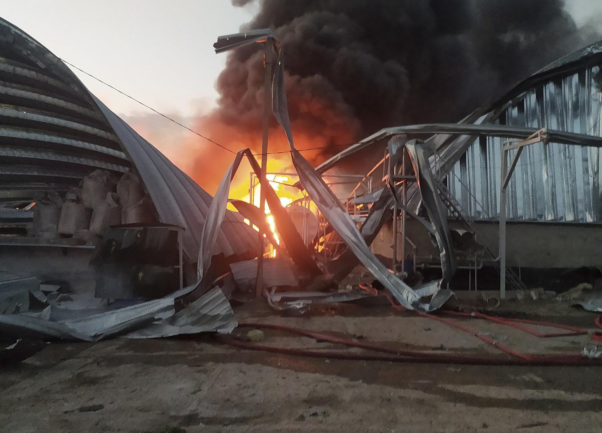 A handout photo made available by the Operational Command South of the Ukrainian Ground Forces shows a damaged grain terminal of an agricultural enterprise in the Odesa region, southern Ukraine, 21 July 2023. EFE/EPA/UKRAINE'S OPERATIONAL COMMAND SOUTH HANDOUT -- MANDATORY CREDIT