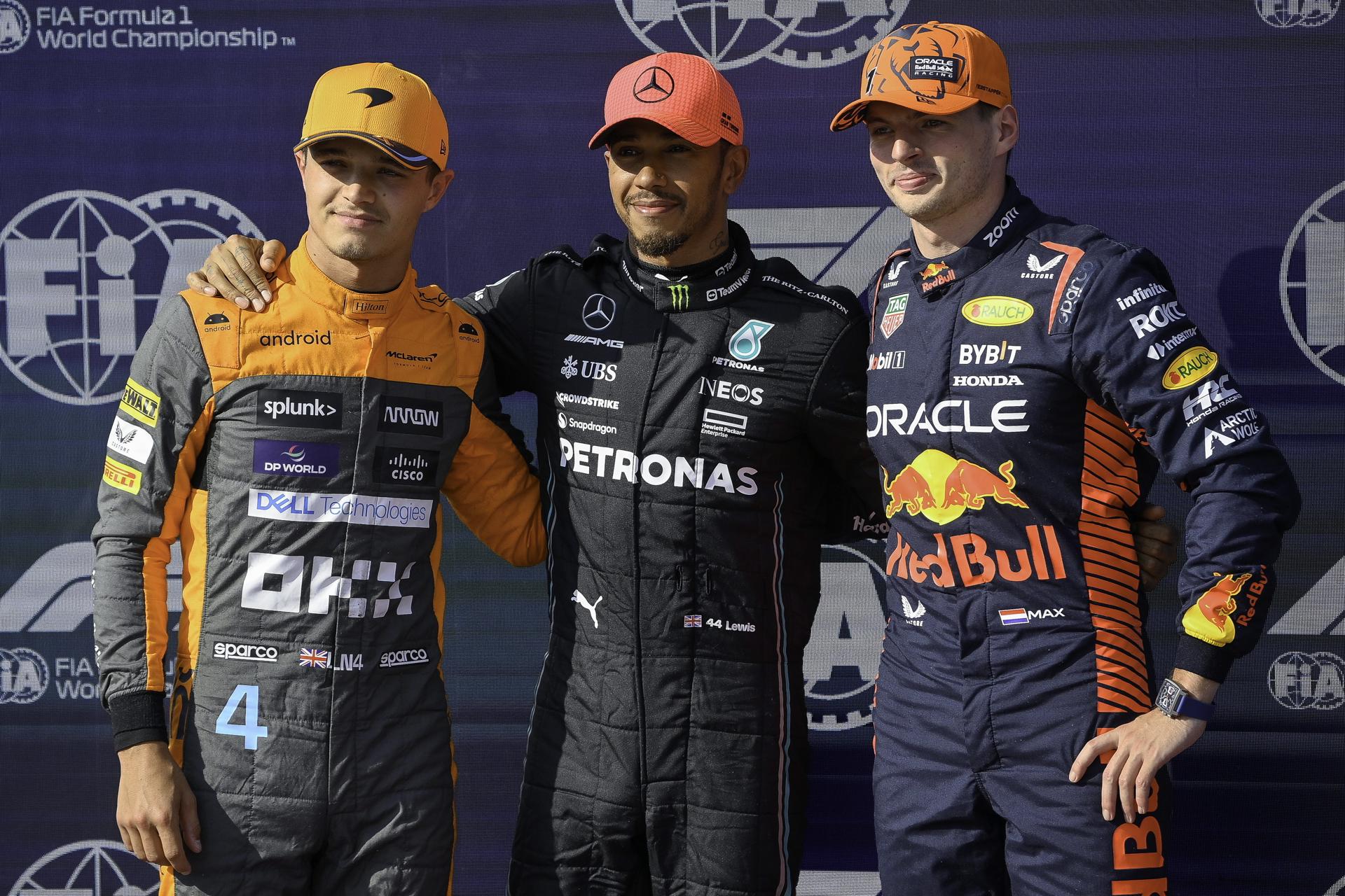 Pole-sitter Lewis Hamilton (C), second-place Max Verstappen (R) and third place Lando Norris after qualifying for the Formula One Hungarian Grand Prix in Mogyorod, Hungary, on 22 July 2023. EFE/EPA/Zsolt Czegledi
