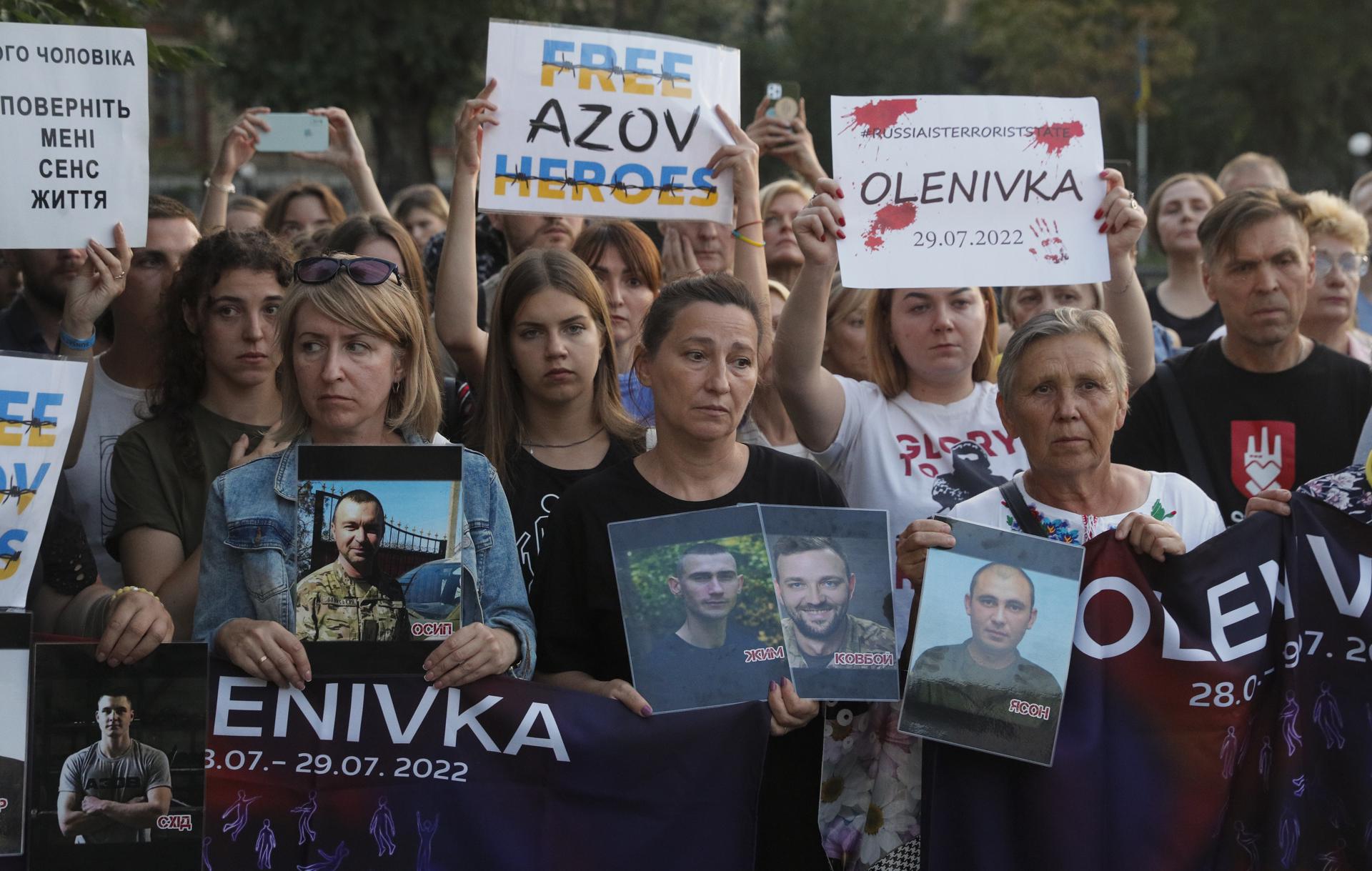 Relatives and friends of the defenders of the Azovstal Iron and Steel Works attend a ceremony to remember the victims of the Olenivka camp explosion one year on, as they gathered near the Russian embassy building in Kyiv, Ukraine, 29 July 2023. EFE-EPA FILE/SERGEY DOLZHENKO