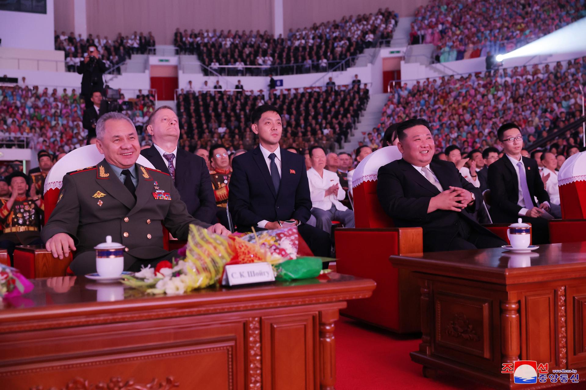 A photo released by the official North Korean Central News Agency (KCNA) North Korean Supreme Leader Kim Jong-un (R) and Russian Federation Defense Minister Sergei Shoigu (L) attending a performance held in celebration of the 70th anniversary of the Korean War Armistice Agreement, in Pyongyang, North Korea, 27 July 2023. EFE-EPA/KCNA EDITORIAL USE ONLY